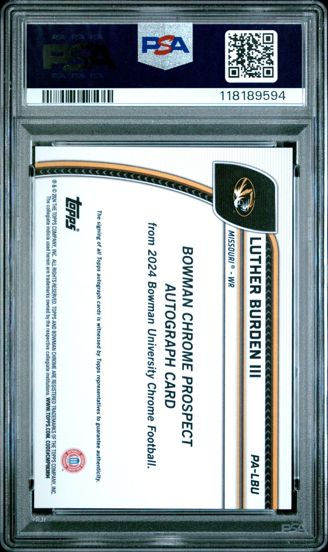 2024 Bowman University Chrome Bowman Chrome Prospect Autographs Luther Burden Iii #Palbu (Chr Prospect Au-Yellow Ref) Gem Mt 10 back