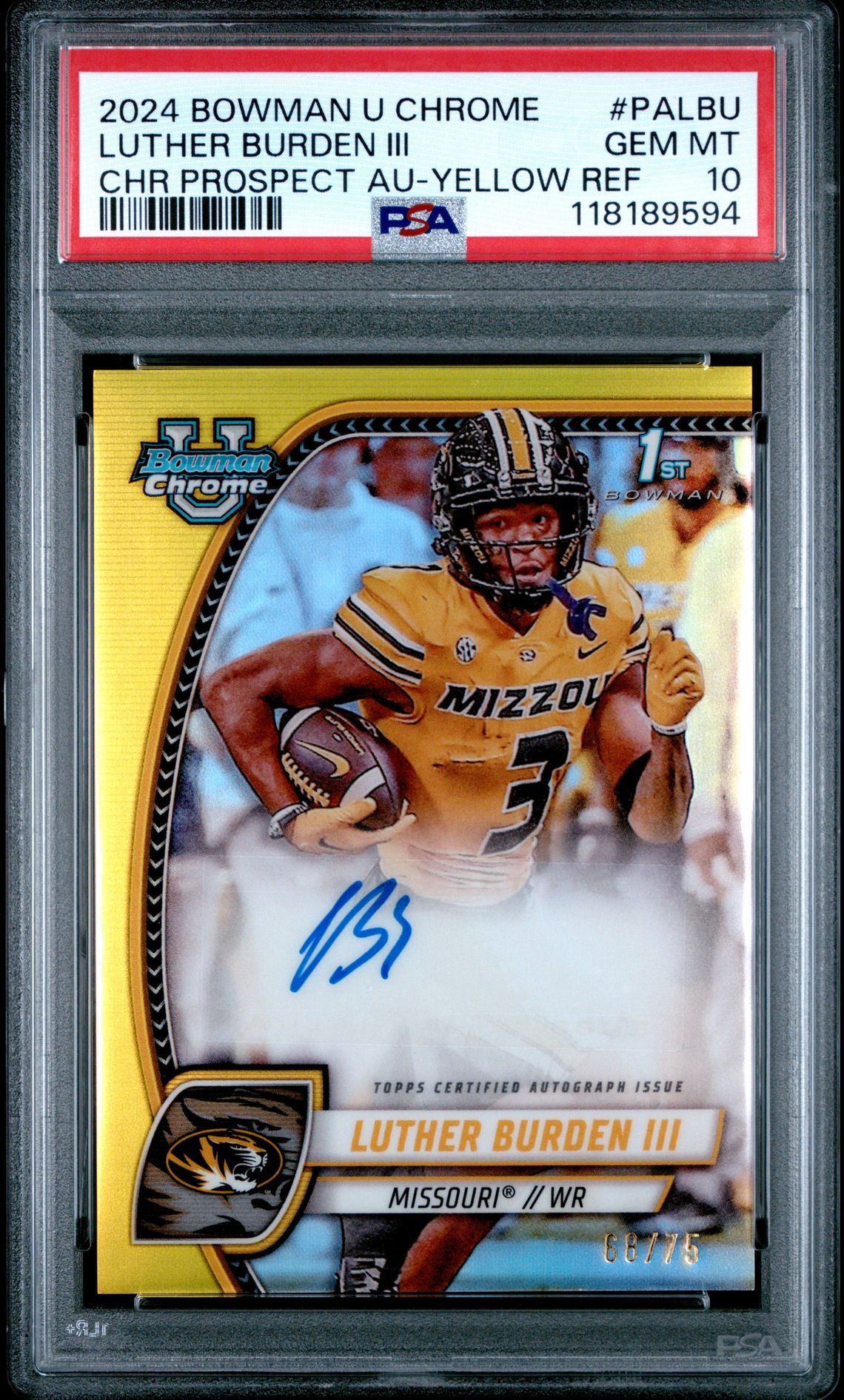 2024 Bowman University Chrome Bowman Chrome Prospect Autographs Luther Burden Iii #Palbu (Chr Prospect Au-Yellow Ref) Gem Mt 10 front