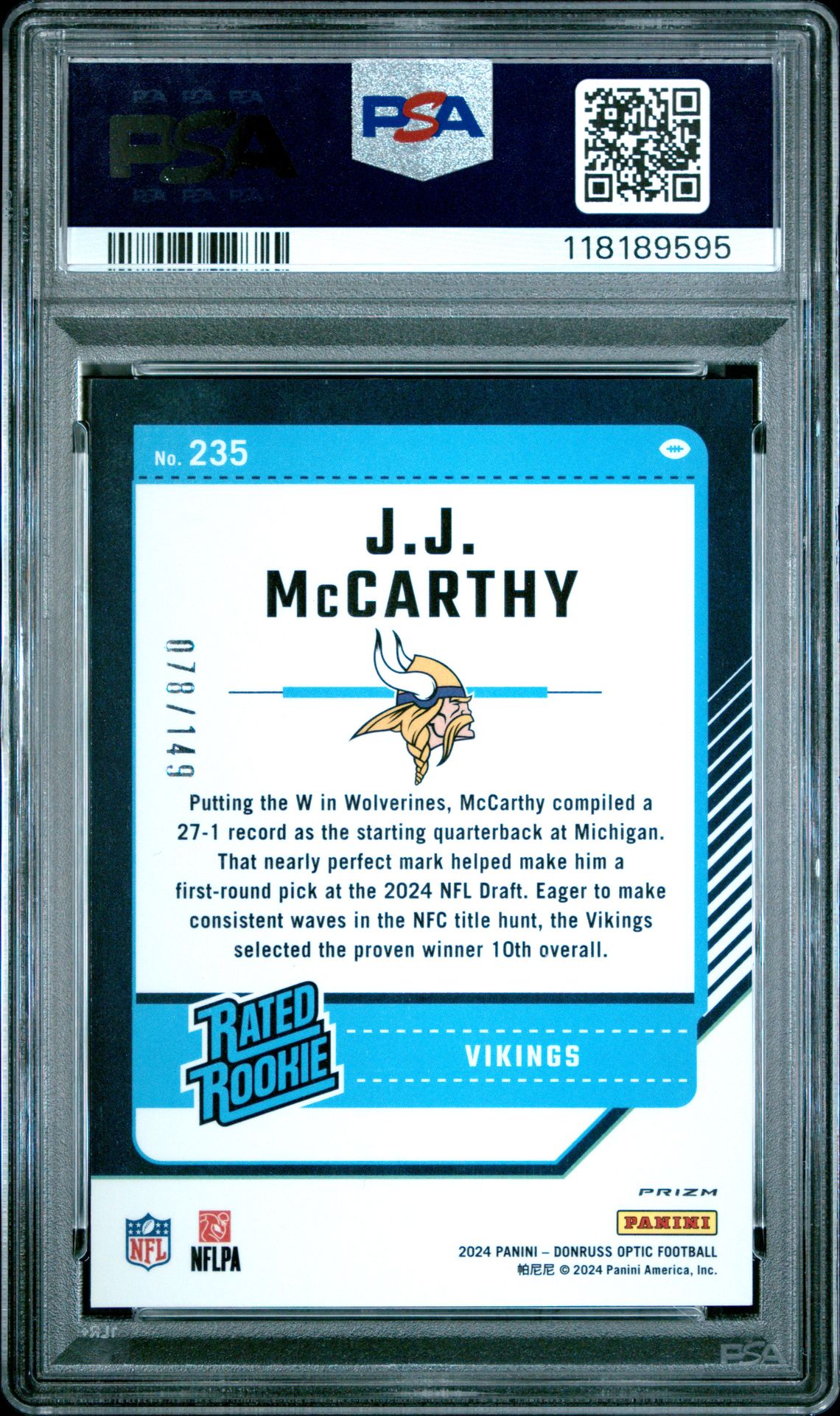2024 Panini Donruss Optic Jj Mccarthy #235 (Flex) Gem Mt 10 back