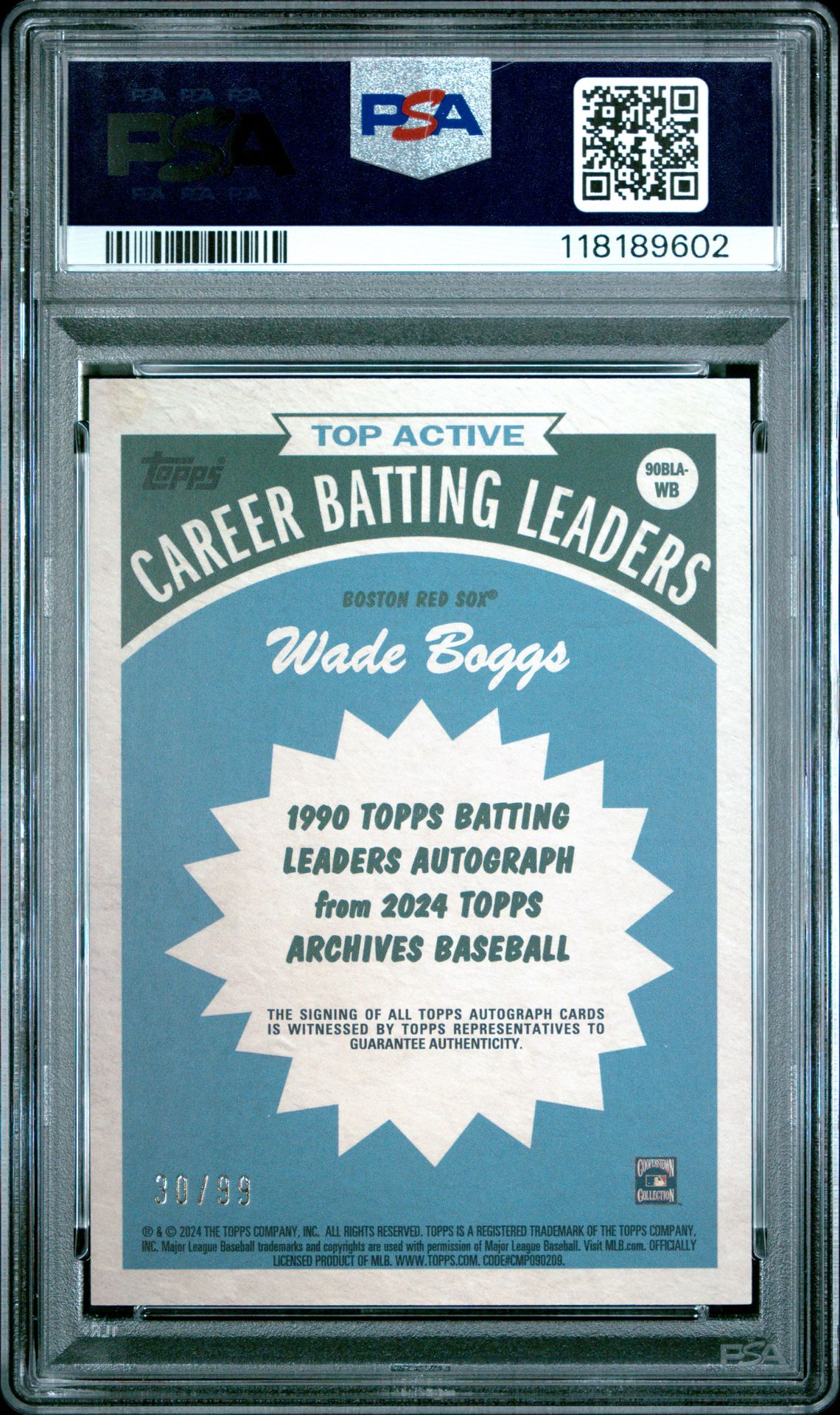 2024 Topps Archives 1990 Batting Leaders Autographs Wade Boggs #90Blawb (1990 Batting Leaders Auto) Mint 9 back