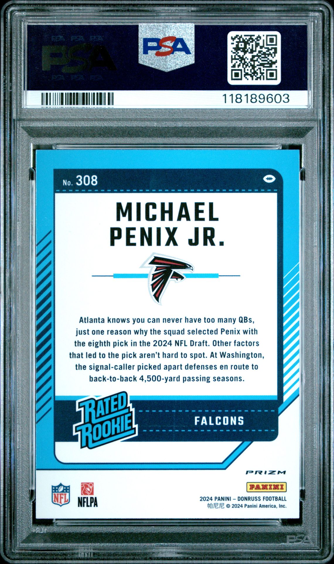 2024 Panini Donruss Michael Penix Jr. #308 (Optic Preview-Red Wave) Gem Mt 10 back