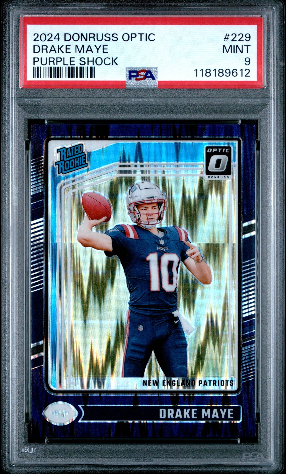 2024 Panini Donruss Optic Drake Maye #229 (Purple Shock) Mint 9 front