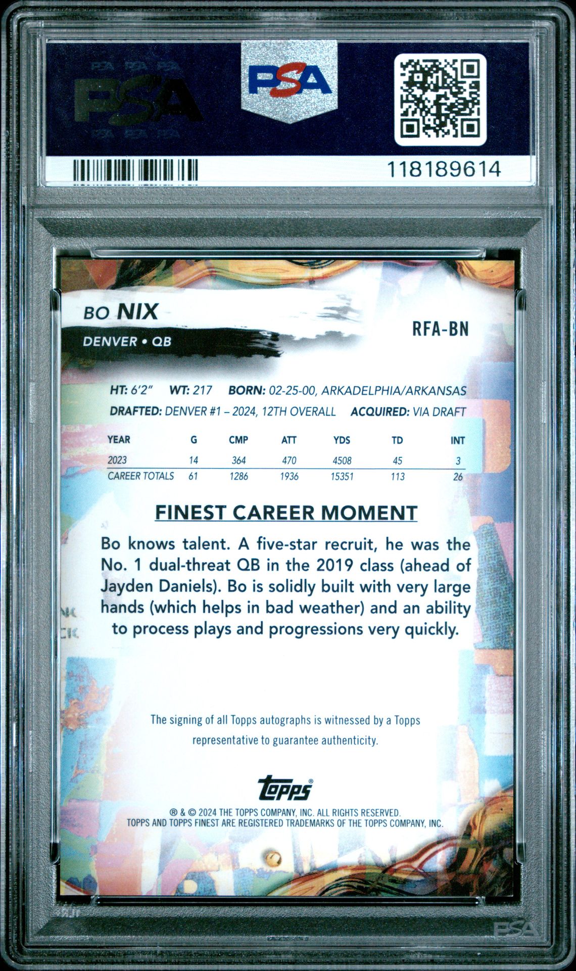 2024 Topps Finest Rookie Finest Autographs Bo Nix #Rfabn Mint 9 back