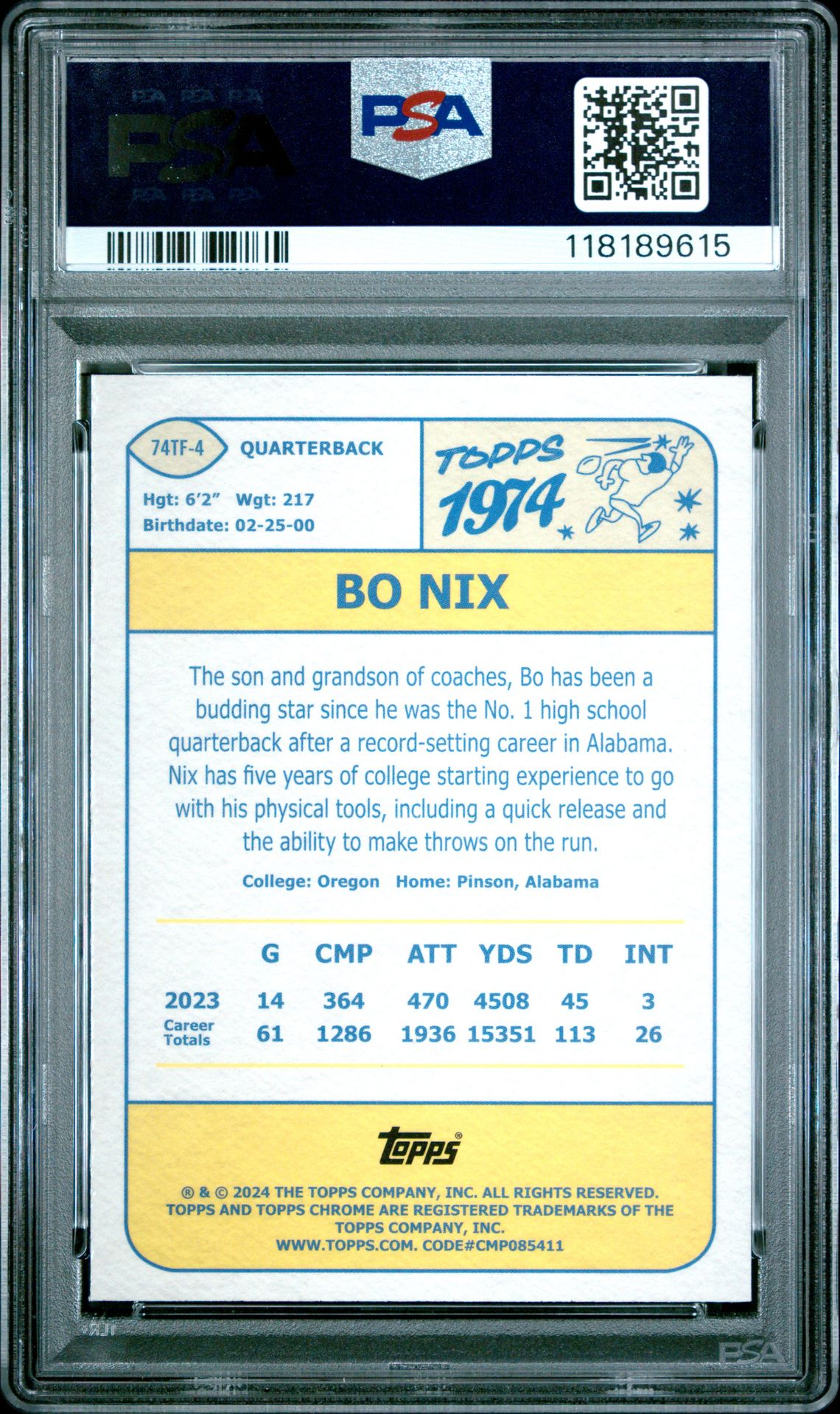 2024 Topps Chrome 1974 Topps Football Bo Nix #74Tf4 ('74 Tps Football-X-Fractor) Mint 9 back