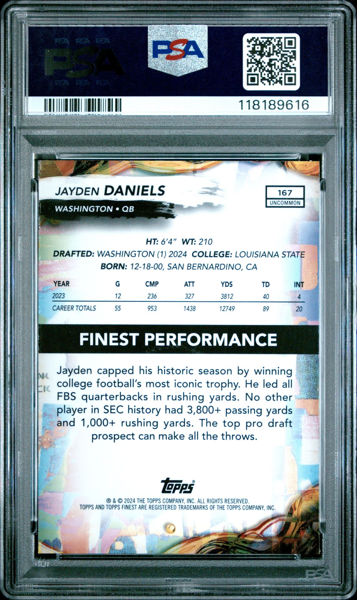 2024 Topps Finest Jayden Daniels #167 (Blue Checkerboard) Gem Mt 10 back