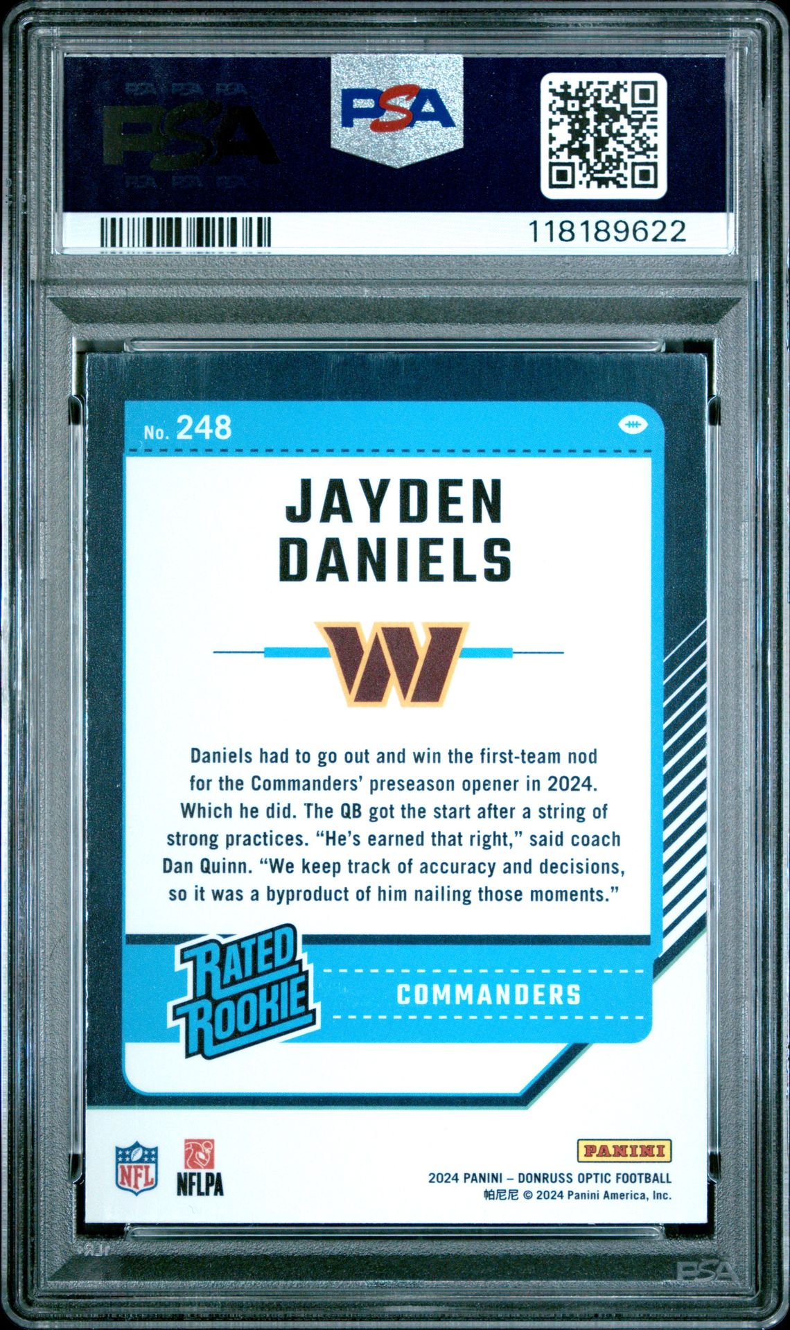 2024 Panini Donruss Optic Jayden Daniels #248 Gem Mt 10 back
