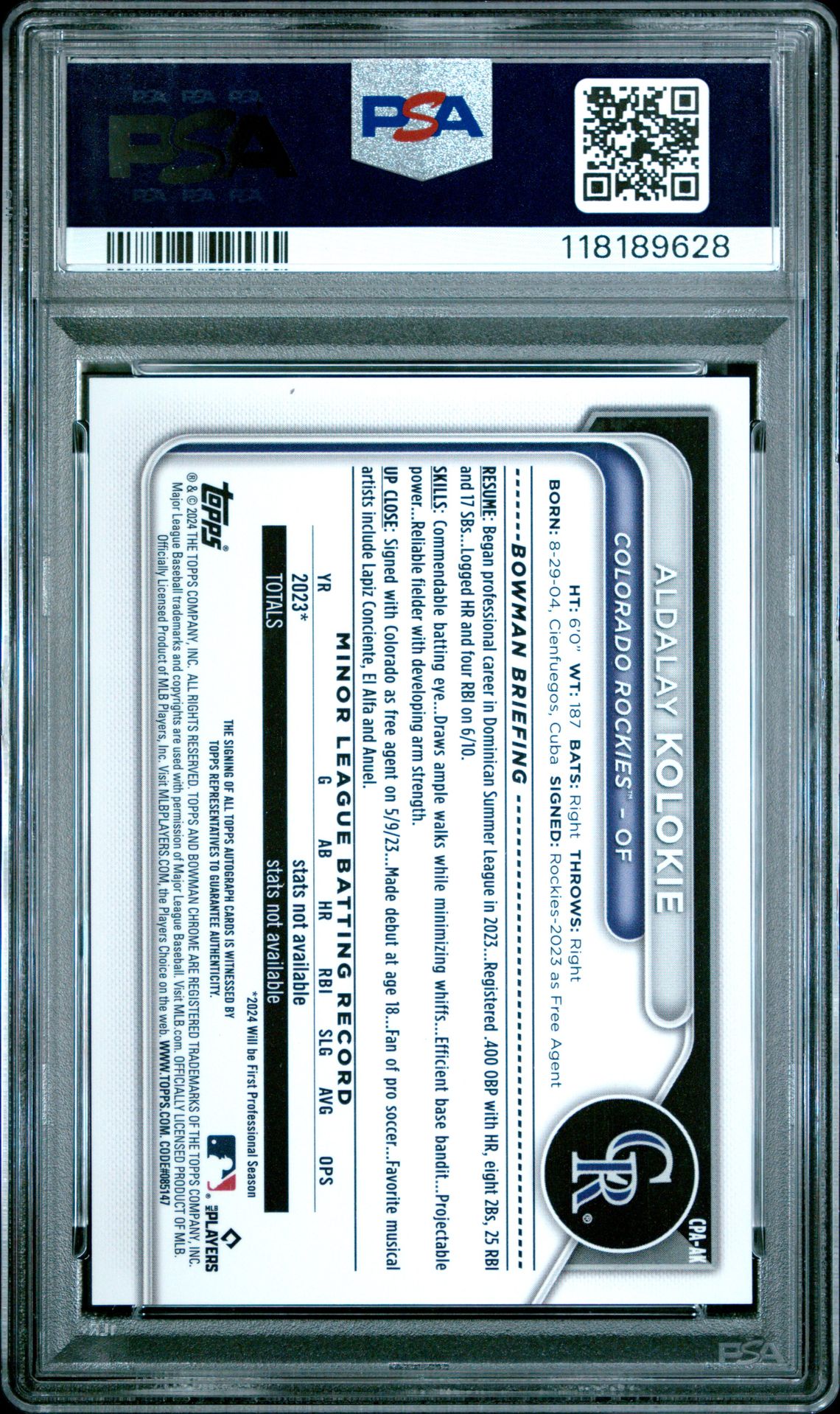 2024 Bowman Chrome Prospect Autographs Aldalay Kolokie #Cpaak (Prspct Au-Mini Diamond Ref) Gem Mt 10 back