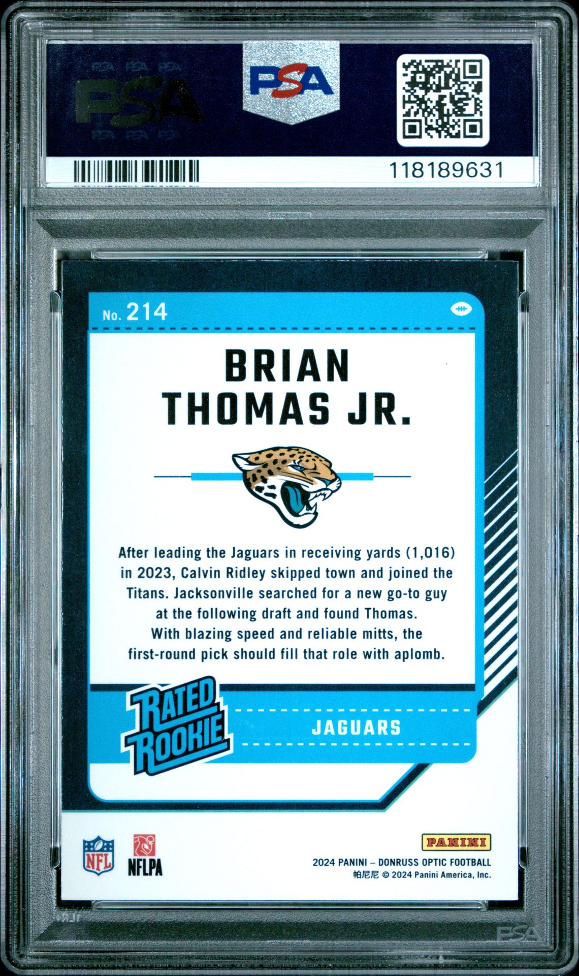 2024 Panini Donruss Optic Brian Thomas Jr. #214 Gem Mt 10 back