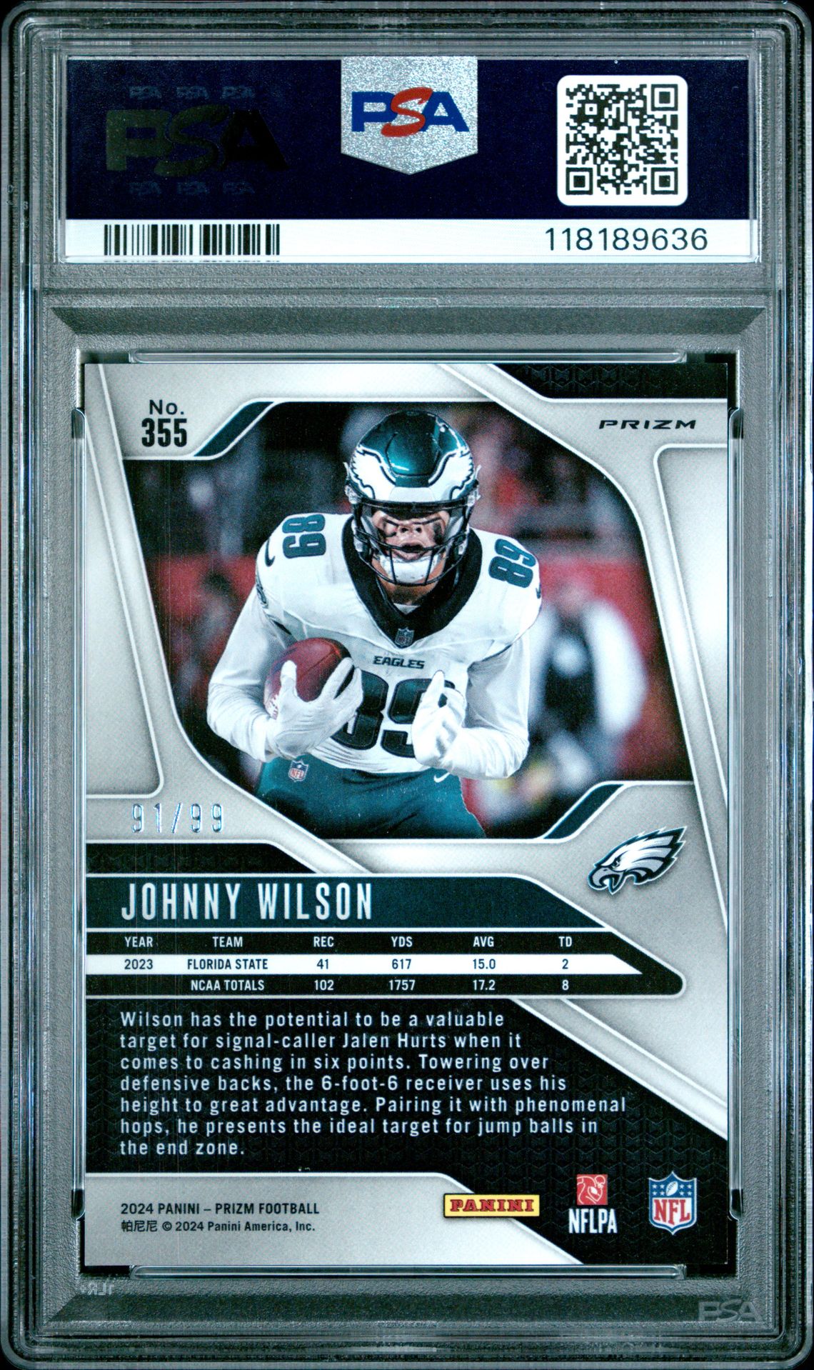 2024 Panini Prizm Johnny Wilson #355 (Purple Wave) Gem Mt 10 back
