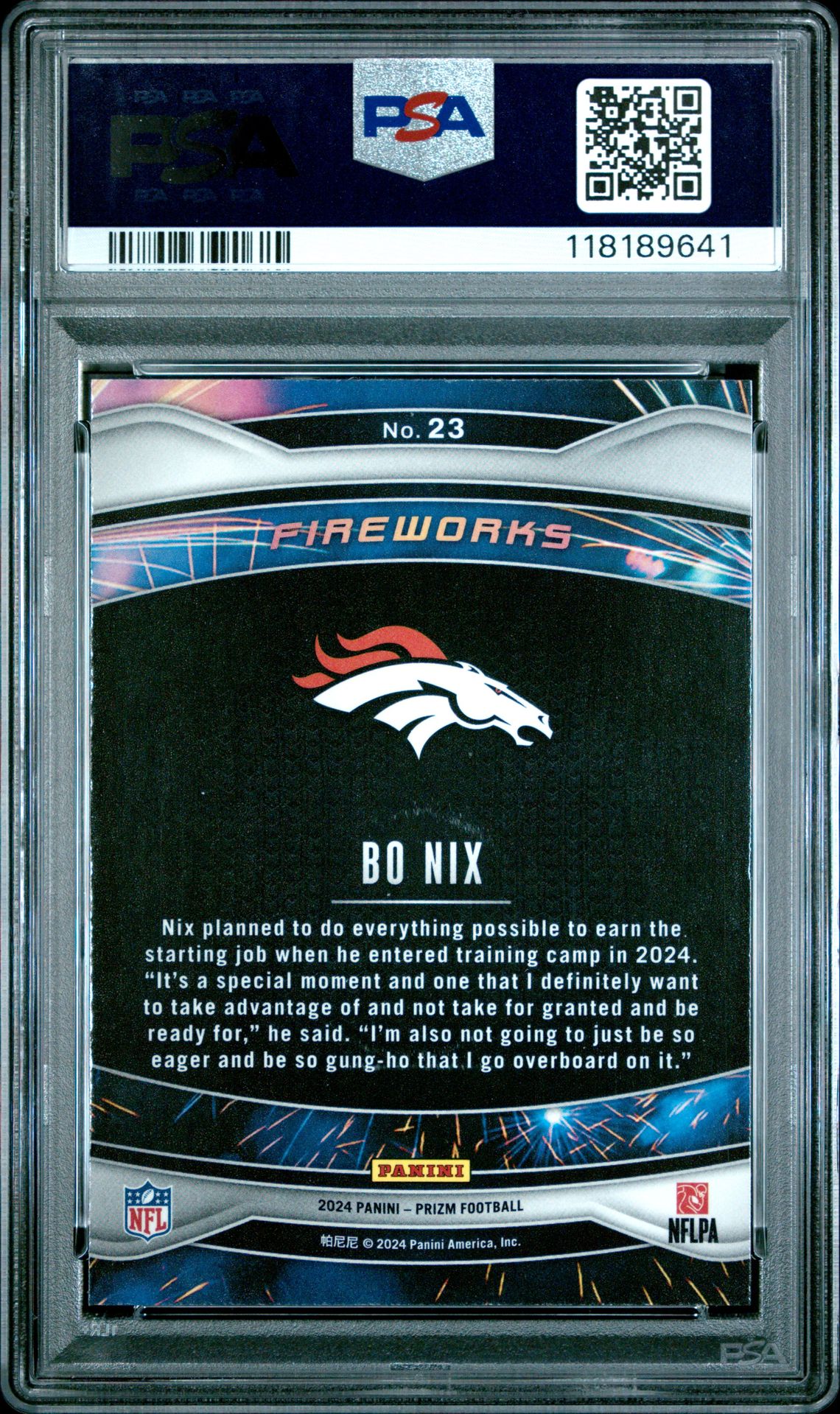 2024 Panini Prizm Fireworks Bo Nix #23 Gem Mt 10 back