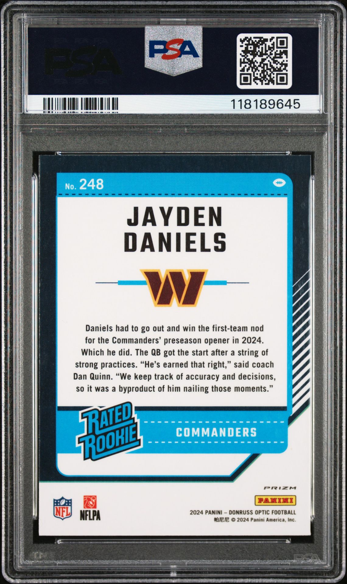 2024 Panini Donruss Optic Jayden Daniels #248 (Holo) Mint 9 back