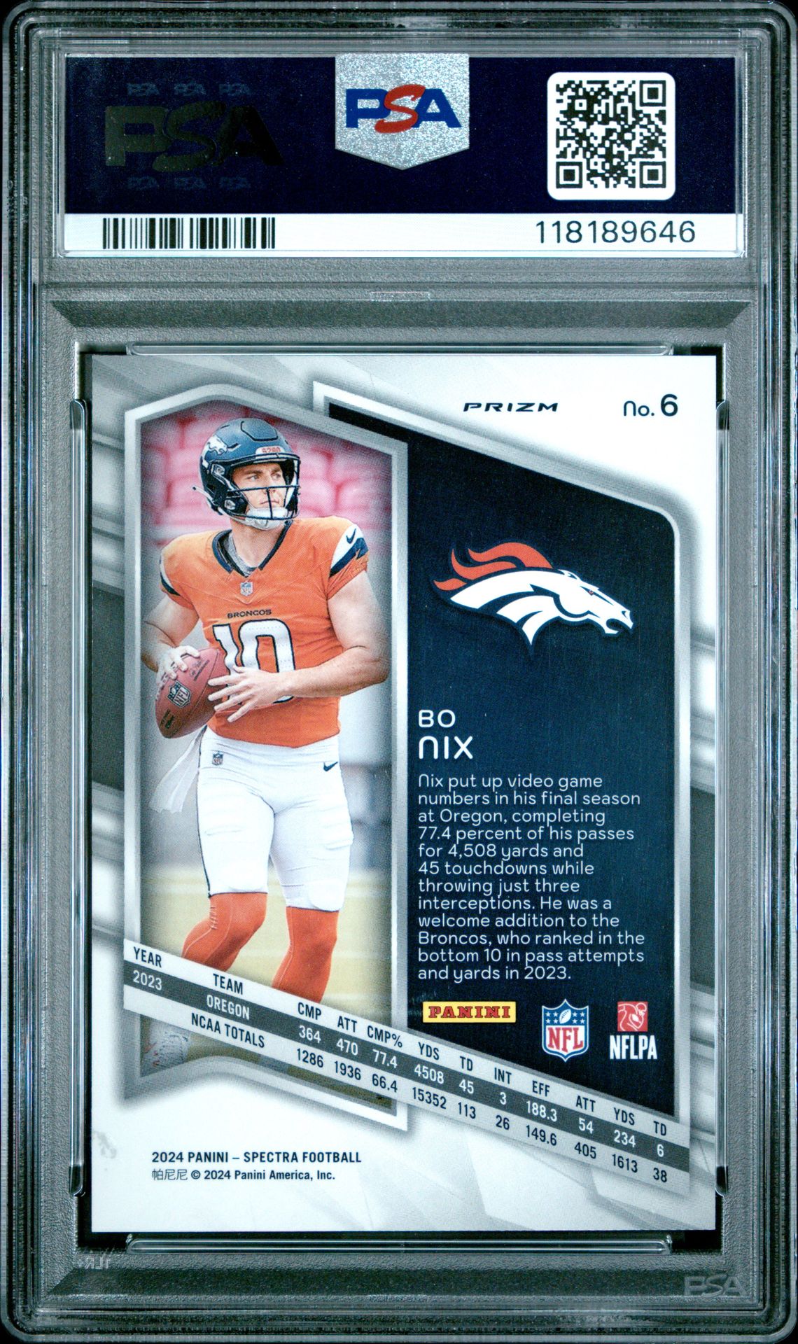 2024 Panini Spectra Bo Nix #6 (Silver) Gem Mt 10 back