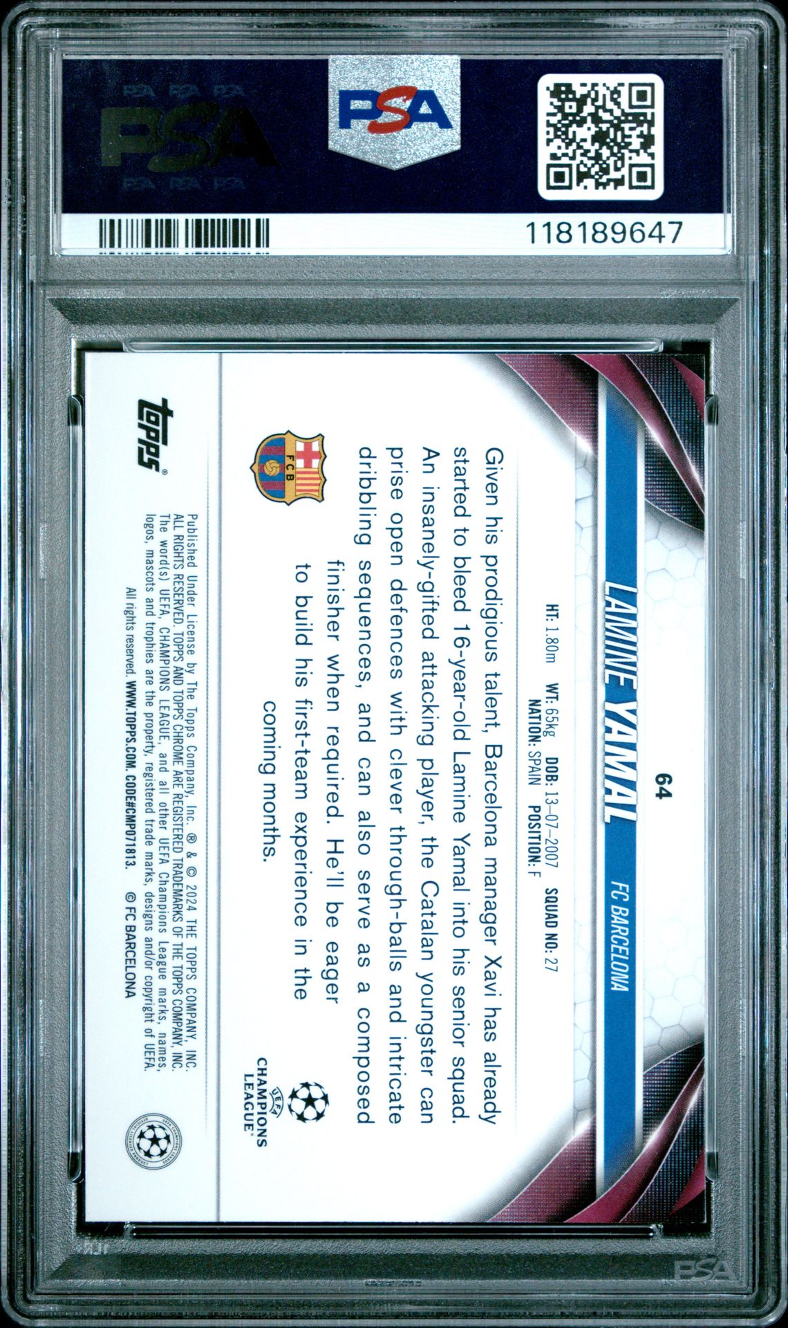 2023-24 Topps Chrome Uefa Club Competitions Lamine Yamal #64 (Pulsar) Mint 9 back