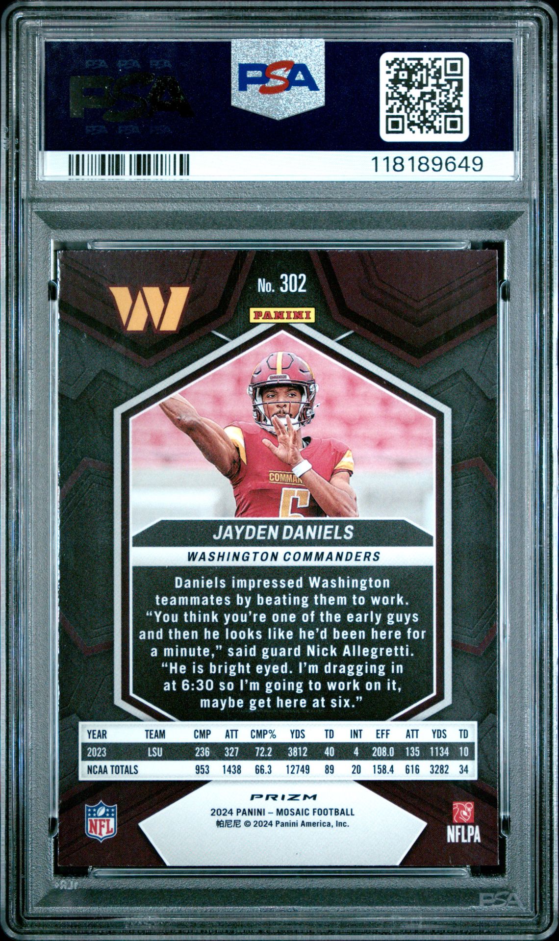 2024 Panini Mosaic Jayden Daniels #302 (Camo Pink) Mint 9 back