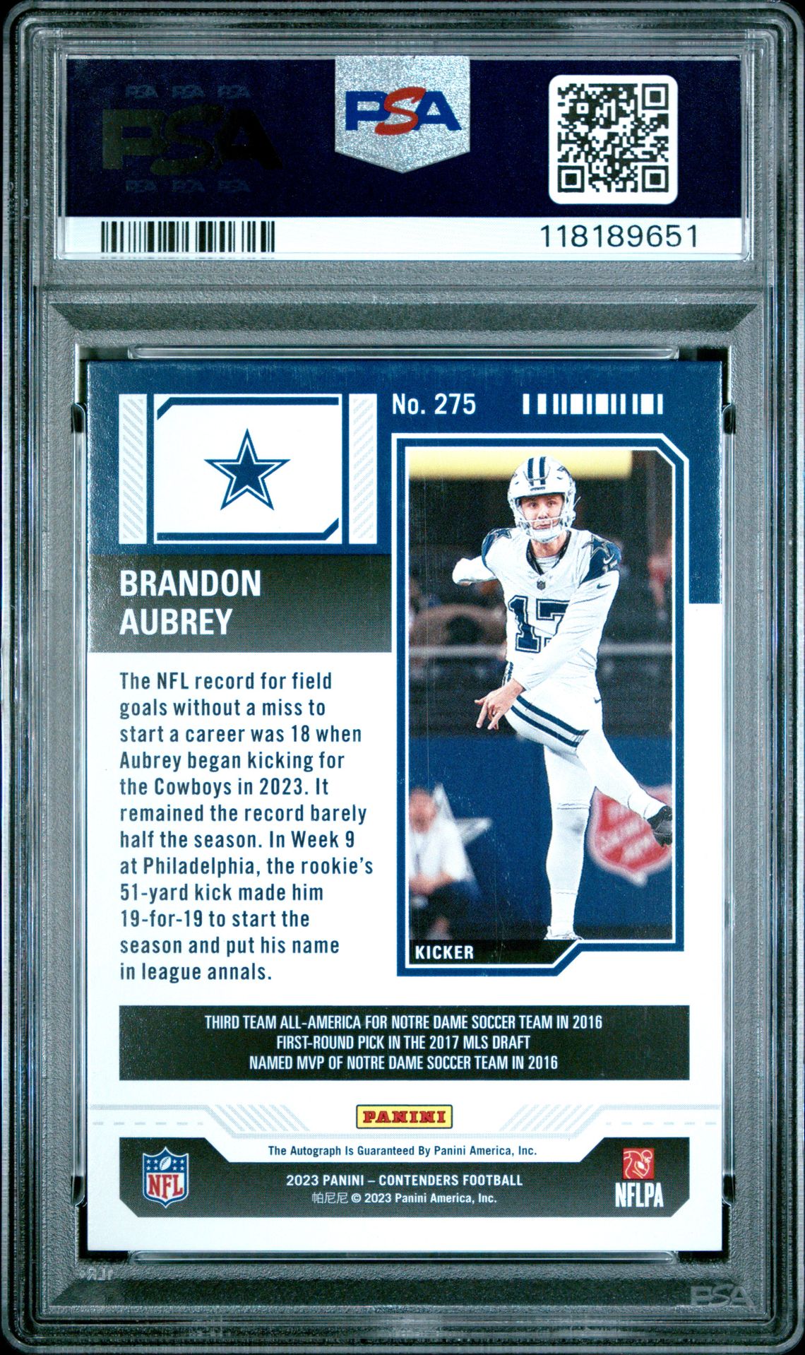 2023 Panini Contenders Brandon Aubrey #275 (Autograph) Mint 9 back