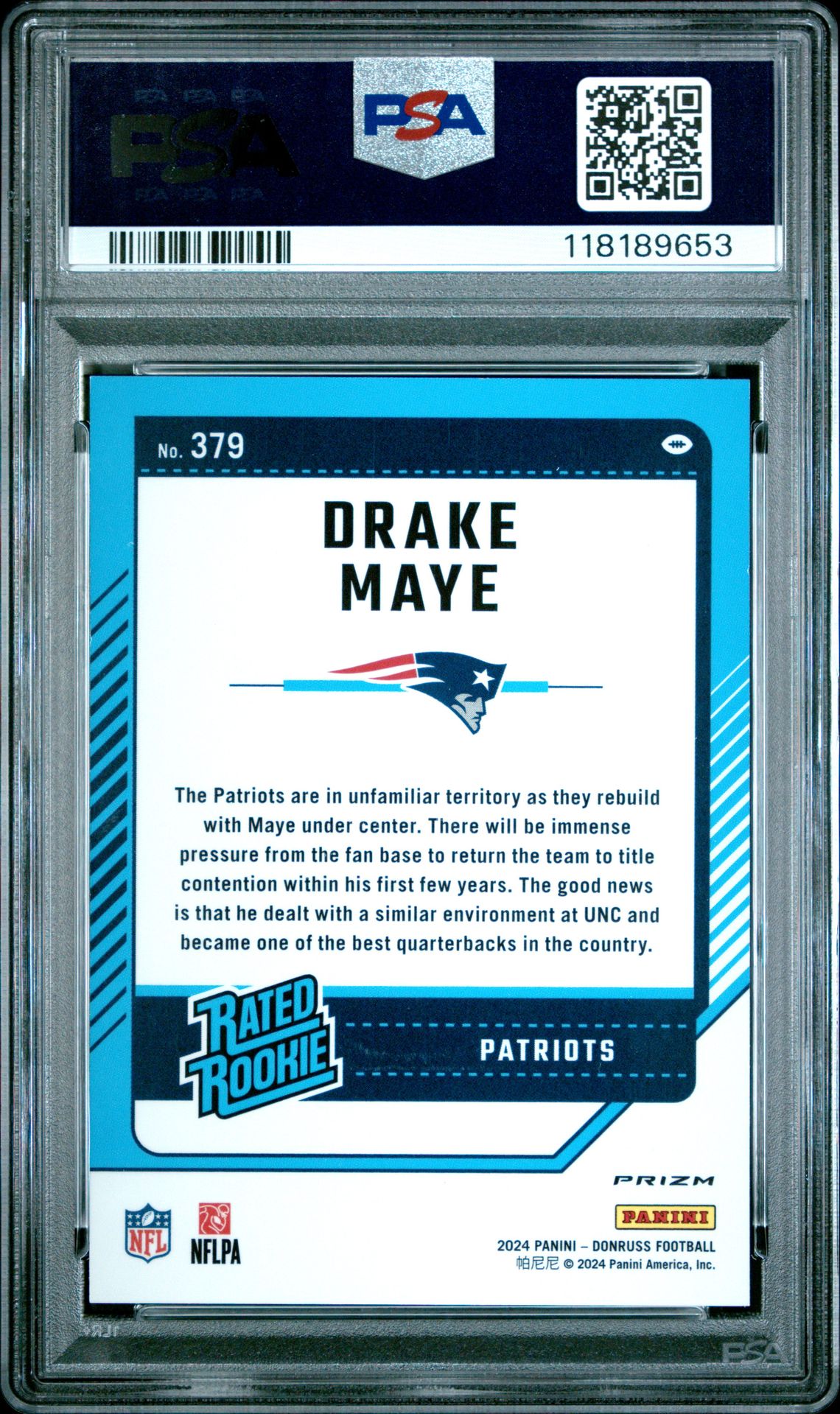 2024 Panini Donruss Drake Maye #379 (Optic Preview-Grn Velocity) Gem Mt 10 back