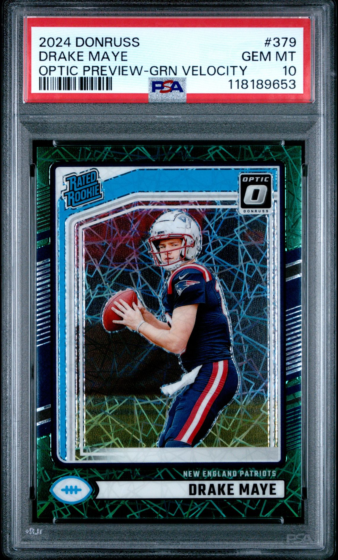 2024 Panini Donruss Drake Maye #379 (Optic Preview-Grn Velocity) Gem Mt 10 front