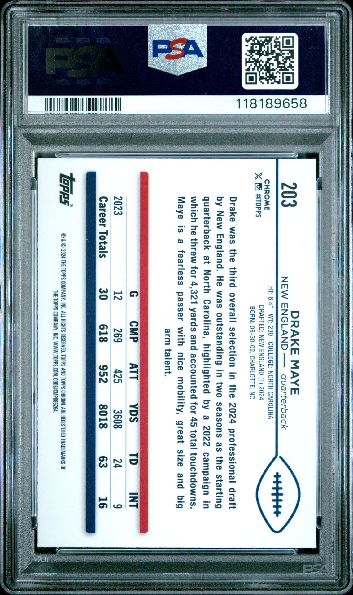 2024 Topps Chrome Drake Maye #203 (Blue Refractor) Gem Mt 10 back