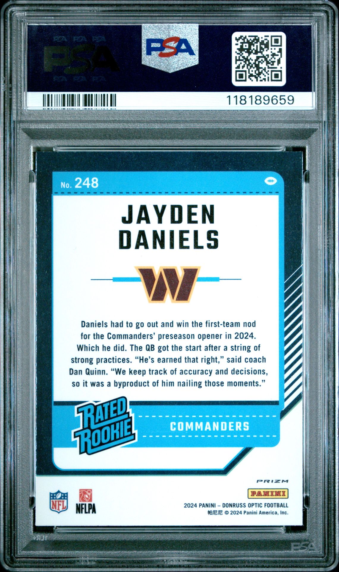 2024 Panini Donruss Optic Jayden Daniels #248 (Holo) Gem Mt 10 back