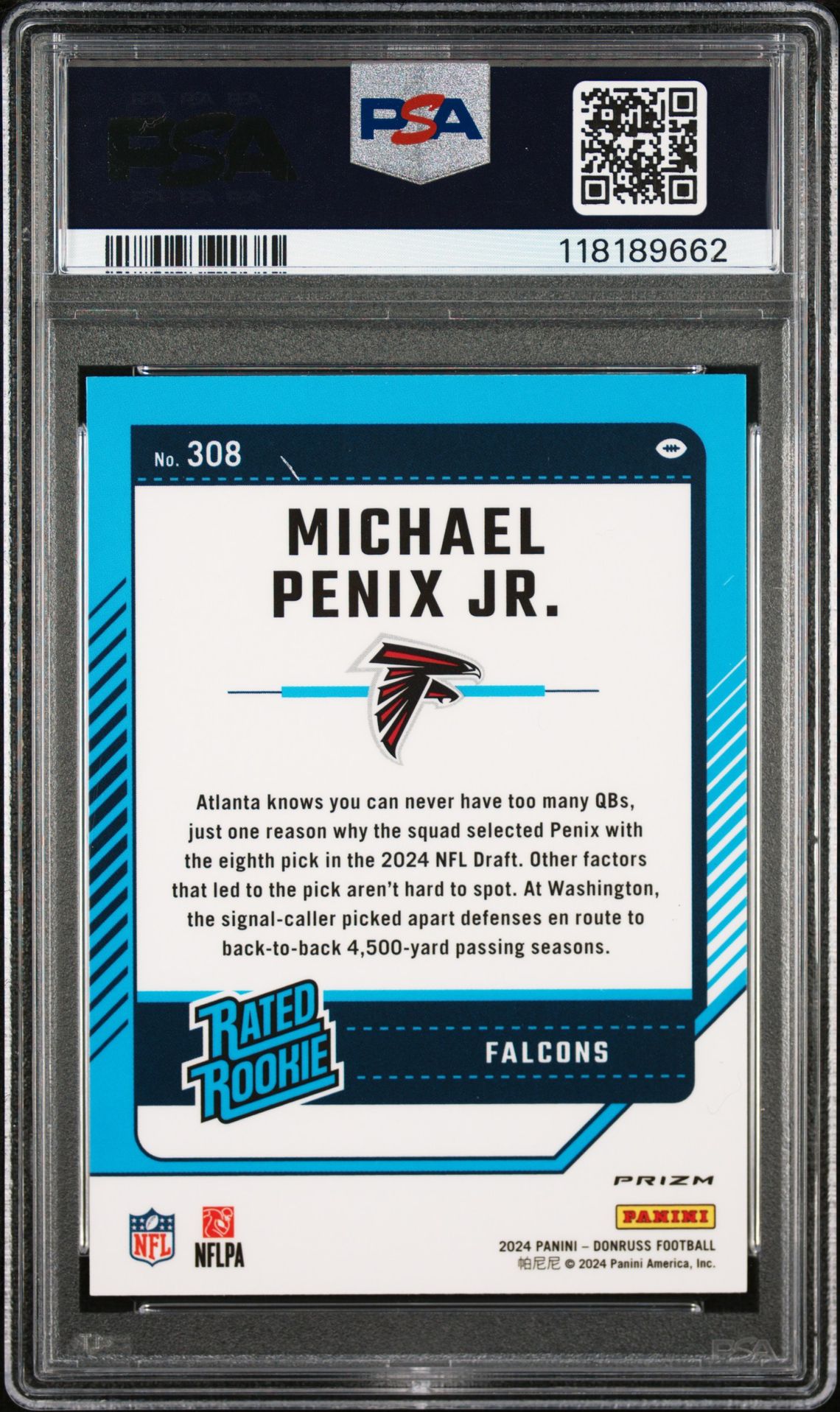 2024 Panini Donruss Michael Penix Jr. #308 (Optic Preview-Red Wave) Mint 9 back