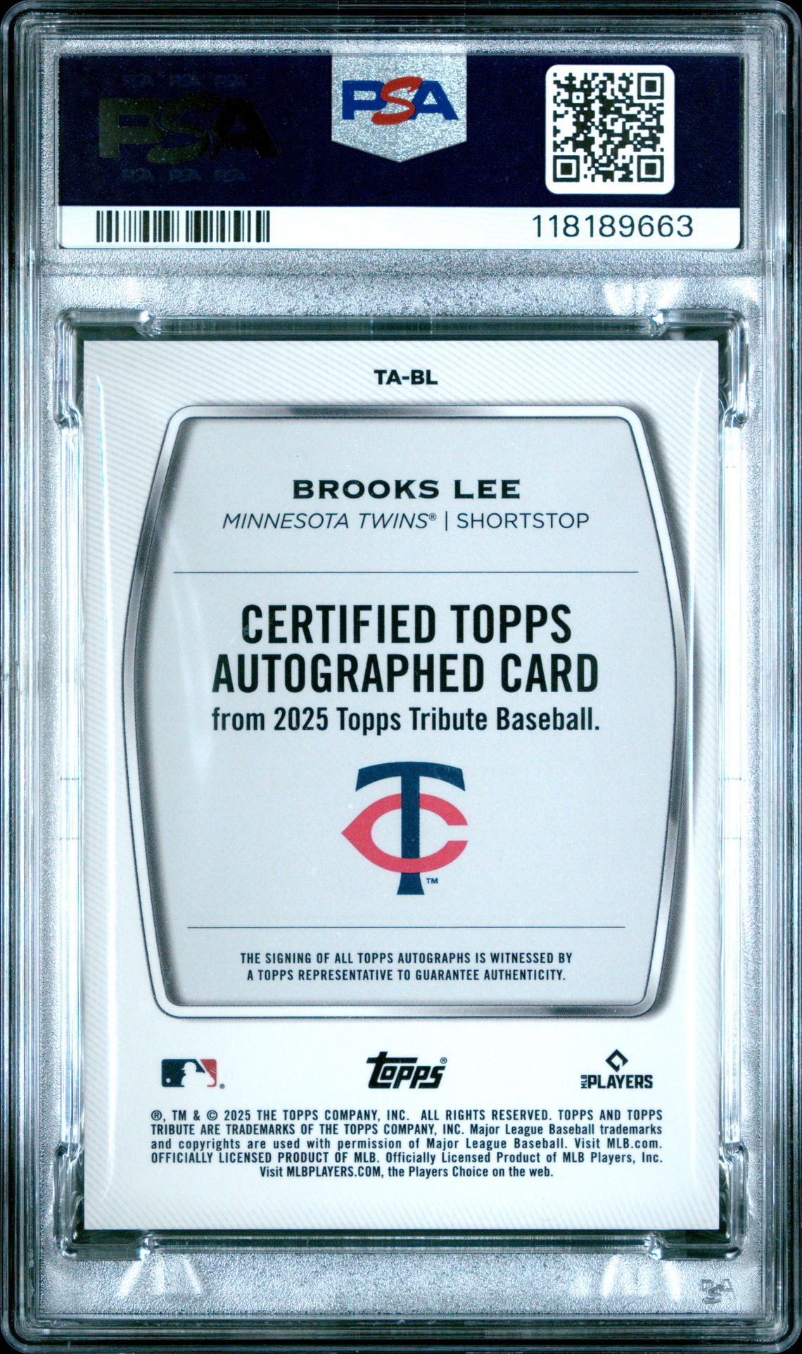 2025 Topps Tribute Tribute Autographs Brooks Lee #Tabl (Tribute Autograph-Green) Gem Mt 10 back