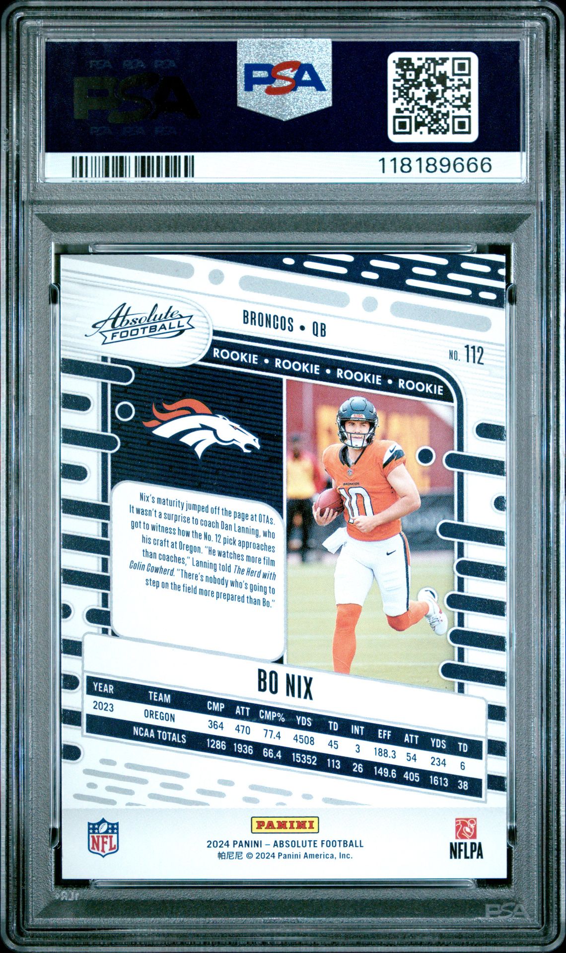 2024 Panini Absolute Bo Nix #112 (Red Squares) Gem Mt 10 back