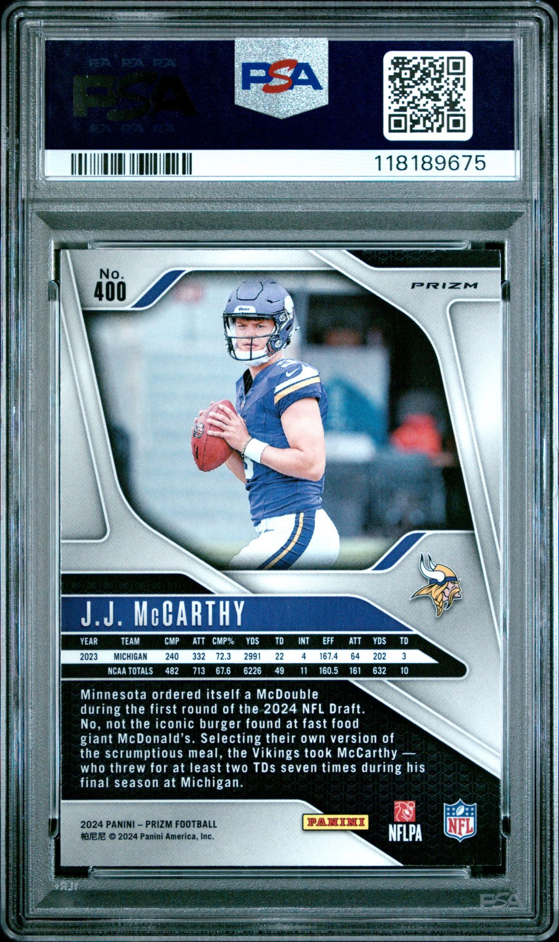 2024 Panini Prizm Jj Mccarthy #400 (Lazer Prizm) Mint 9 back