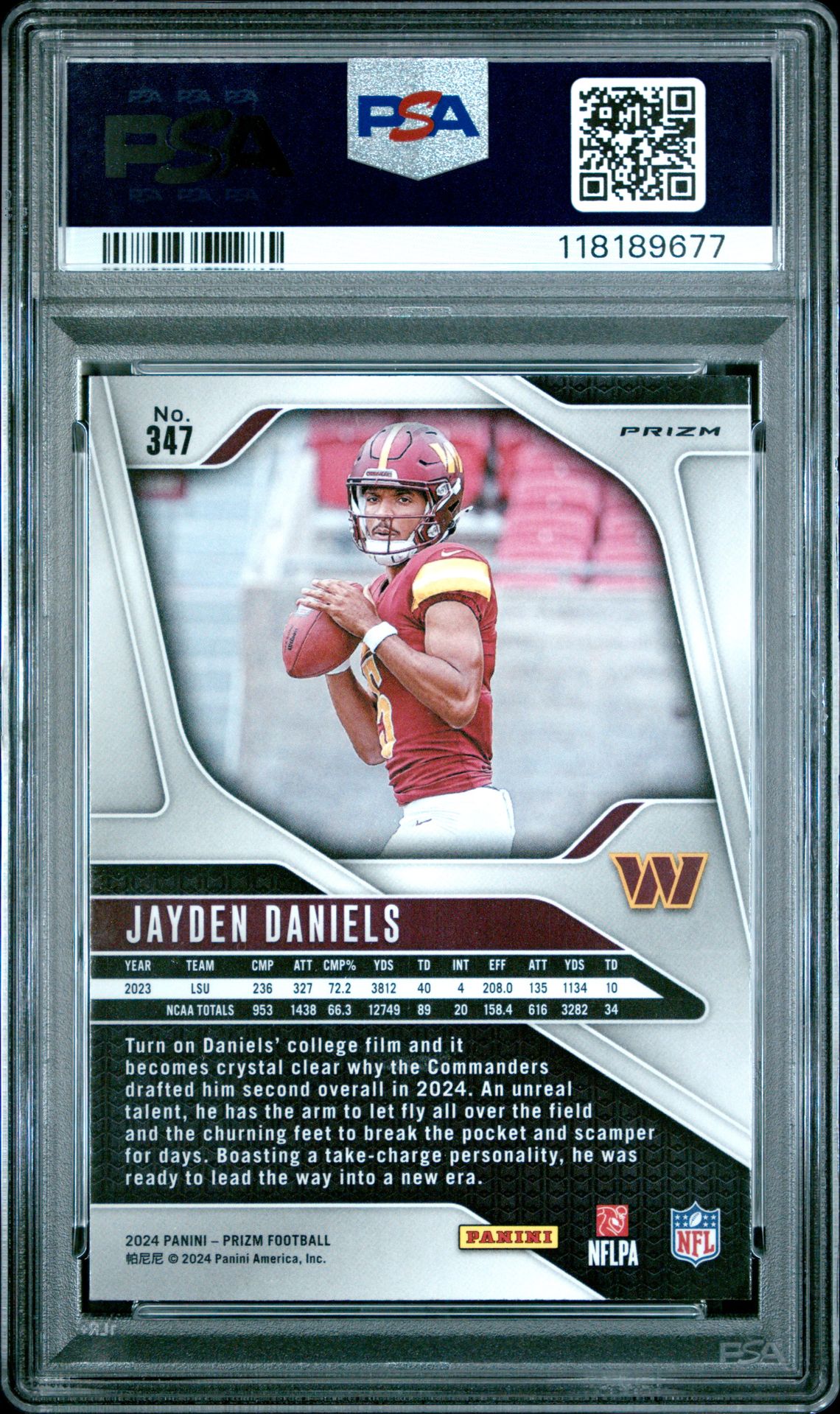 2024 Panini Prizm Jayden Daniels #347 (Lazer Prizm) Gem Mt 10 back