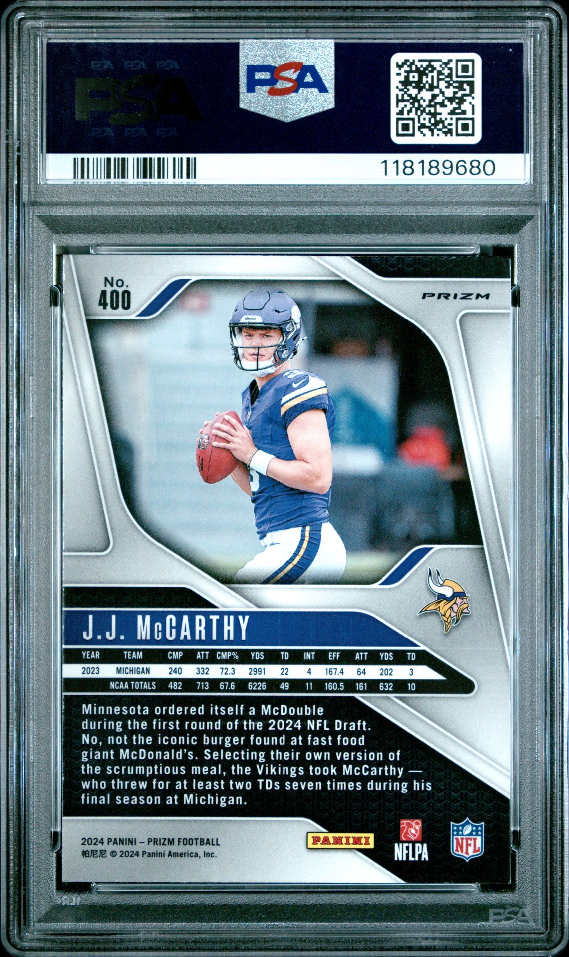 2024 Panini Prizm Jj Mccarthy #400 (Silver Prizm) Gem Mt 10 back