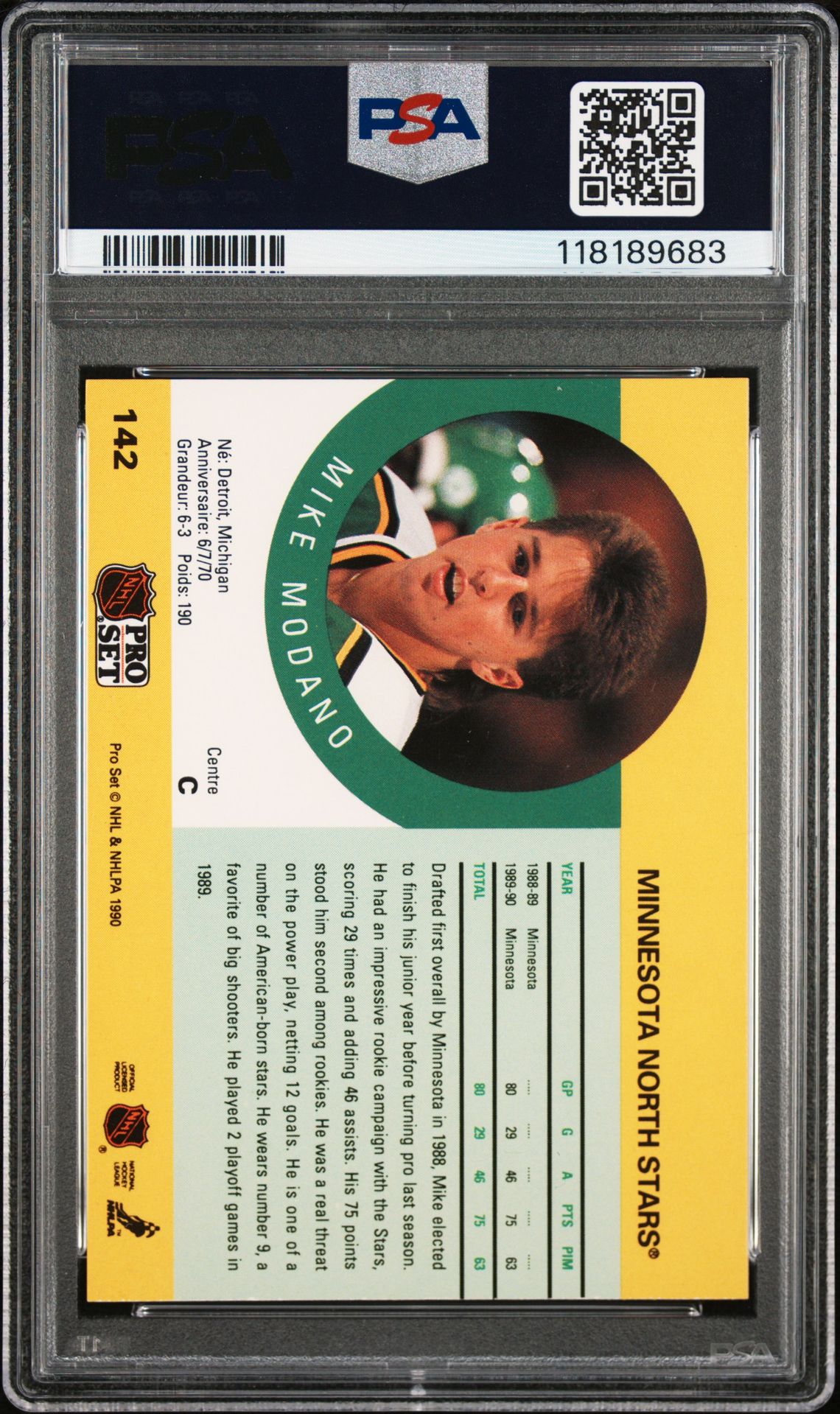 1990 Pro Set Mike Modano #142 Nm-Mt 8 back
