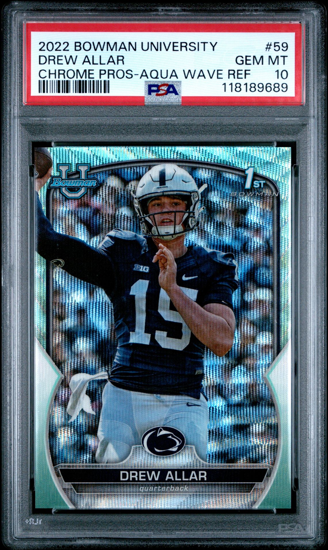 2022 Bowman University Chrome Prospects Drew Allar #59 (Chrome Pros-Aqua Wave Ref) Gem Mt 10 front