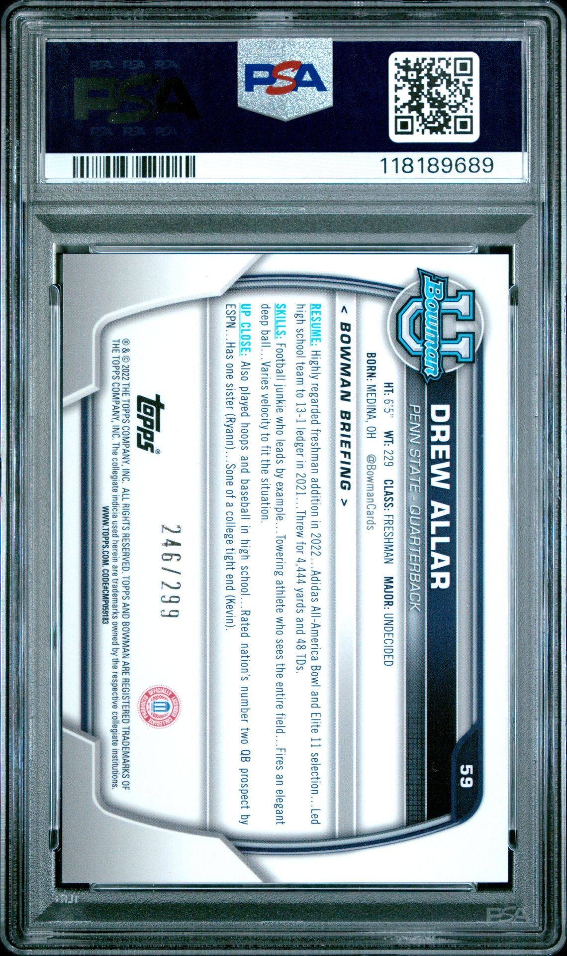 2022 Bowman University Chrome Prospects Drew Allar #59 (Chrome Pros-Aqua Wave Ref) Gem Mt 10 back