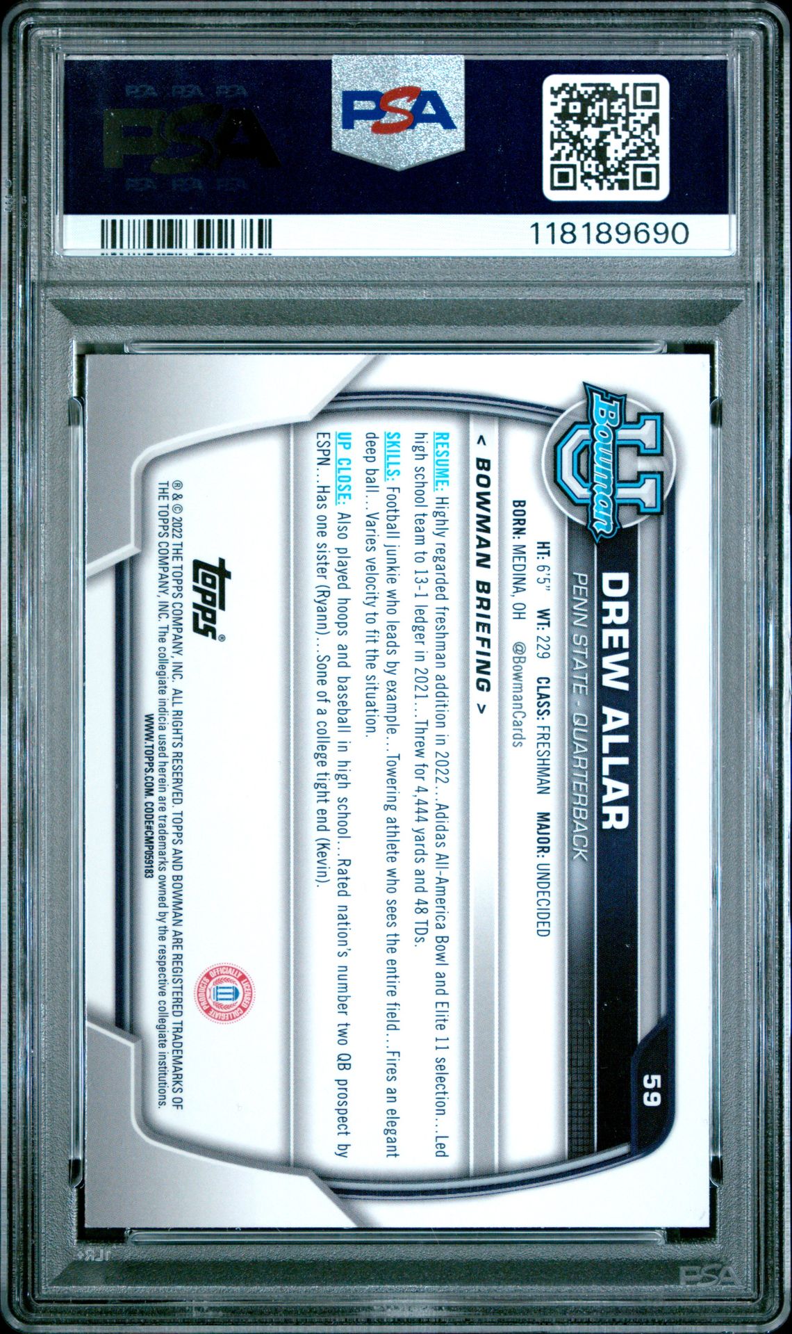 2022 Bowman University Chrome Prospects Drew Allar #59 (Chrome Pros-Pink Refractor) Gem Mt 10 back