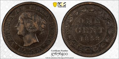 1858 1C ↑↑ Bronze, Broken Vine XF40BN