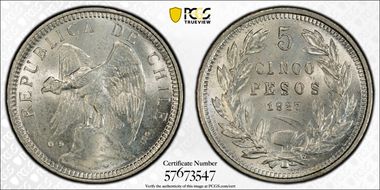 1927-So 5 Peso Narrow 5 MS63
