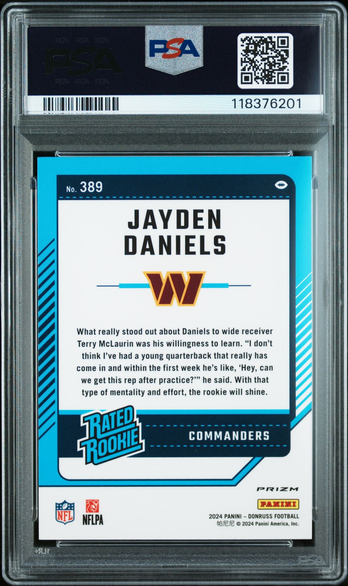 2024 Panini Donruss Jayden Daniels #389 (Optic Preview-Red Wave) Gem Mt 10 back view - PSA certificate #118376201