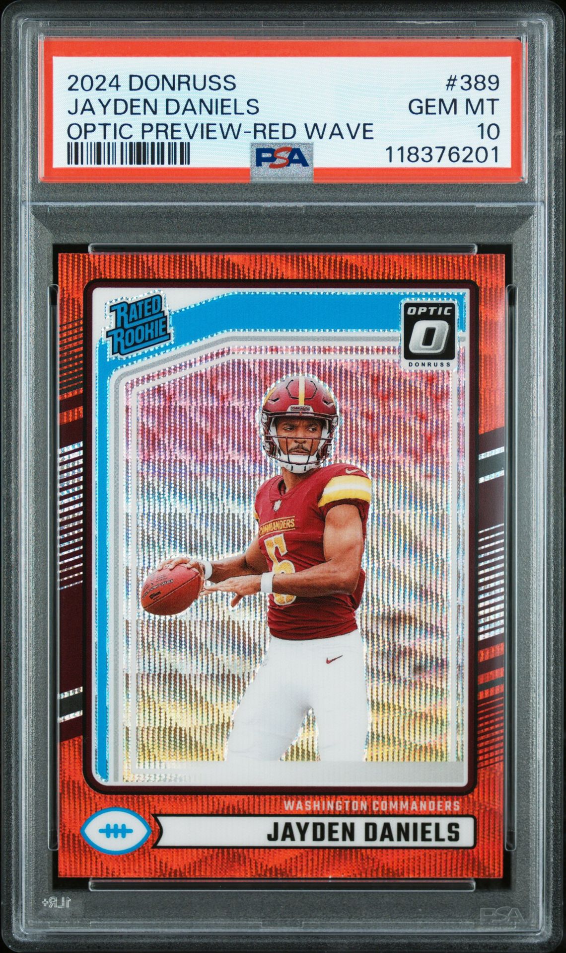 2024 Panini Donruss Jayden Daniels #389 (Optic Preview-Red Wave) Gem Mt 10 front view - PSA graded GEM MT 10