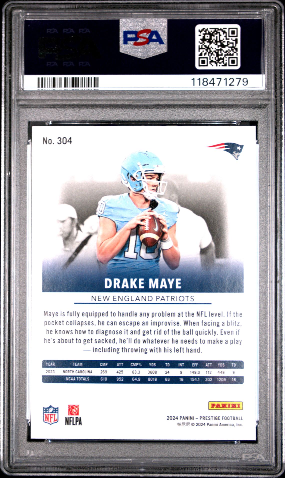 2024 Panini Prestige Drake Maye #304 (Hyper Xtra Points) Gem Mt 10 back