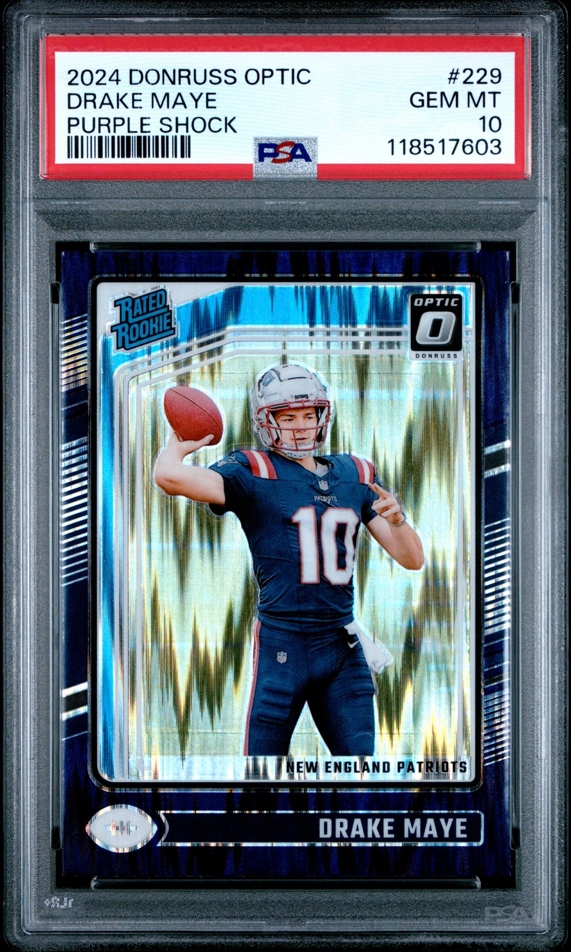 2024 Panini Donruss Optic Drake Maye #229 (Purple Shock) Gem Mt 10 front view - PSA graded GEM MT 10