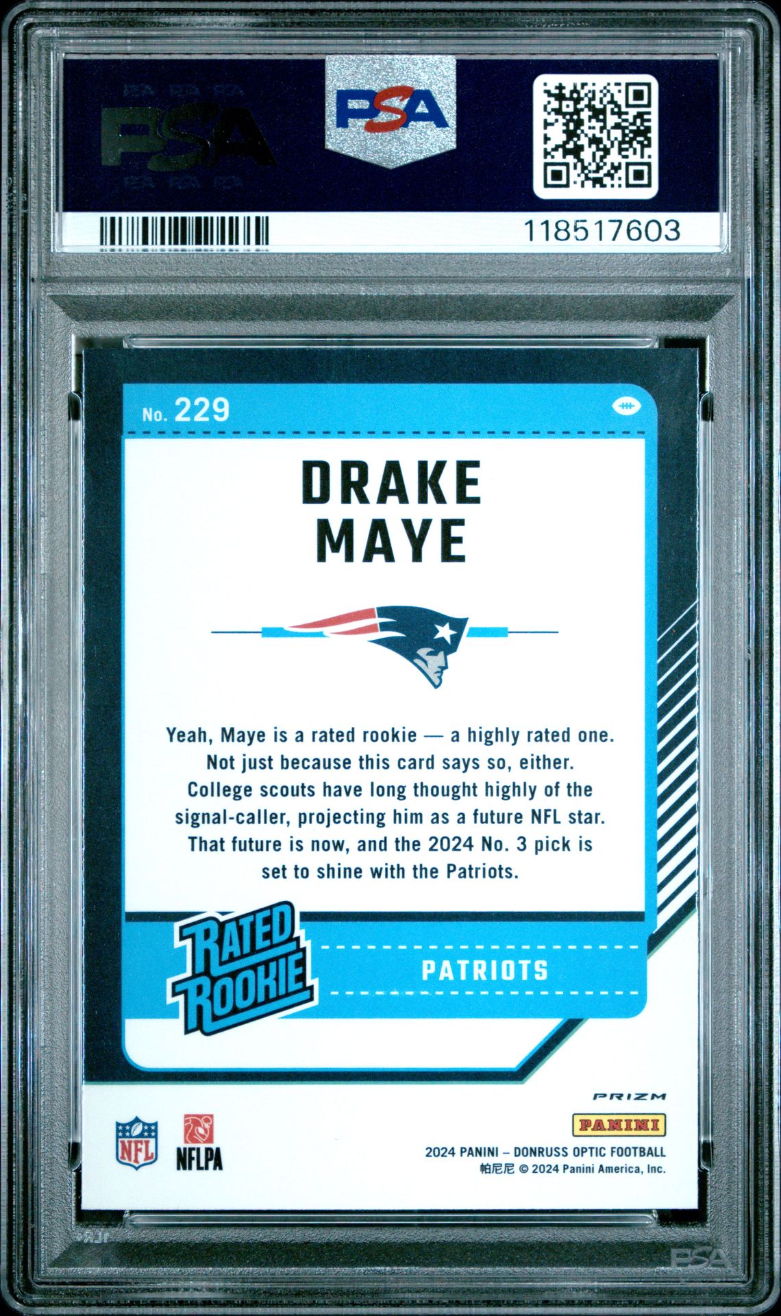 2024 Panini Donruss Optic Drake Maye #229 (Purple Shock) Gem Mt 10 back view - PSA certificate #118517603