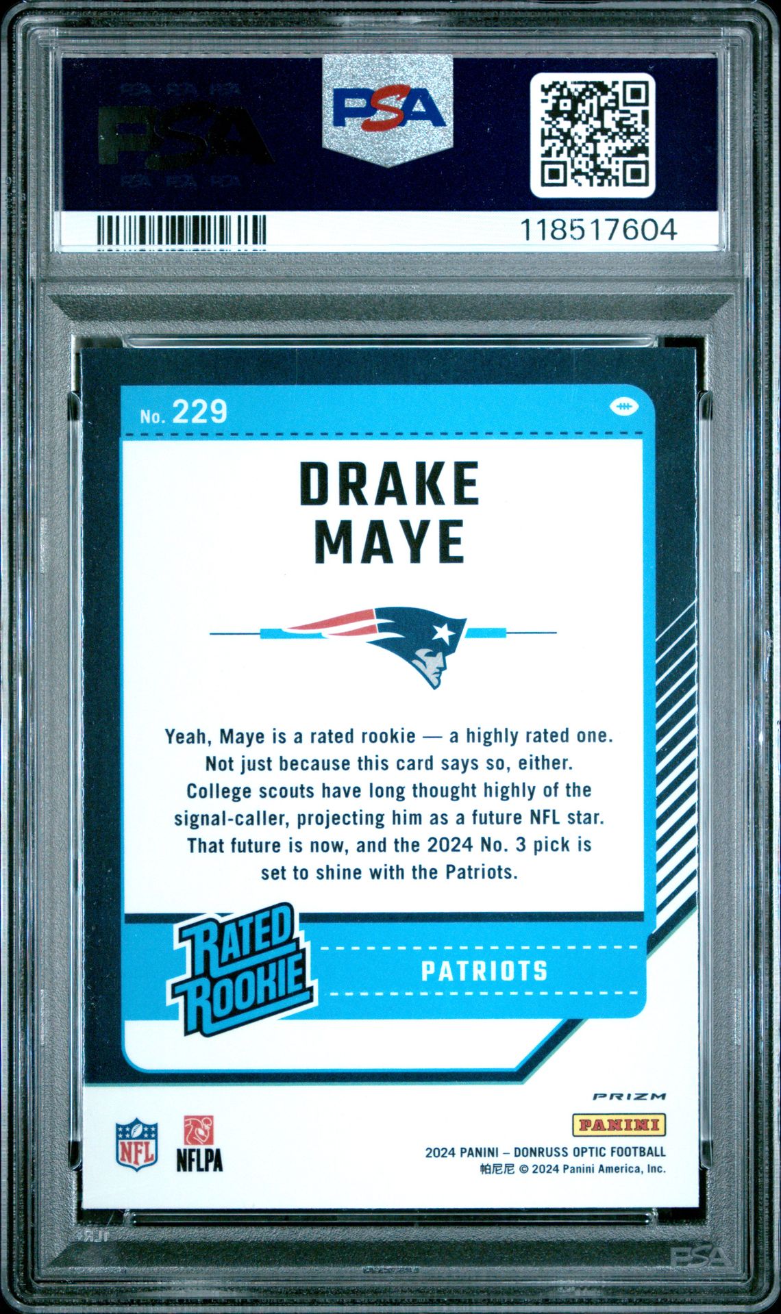 2024 Panini Donruss Optic Drake Maye #229 (Purple Shock) Mint 9 back