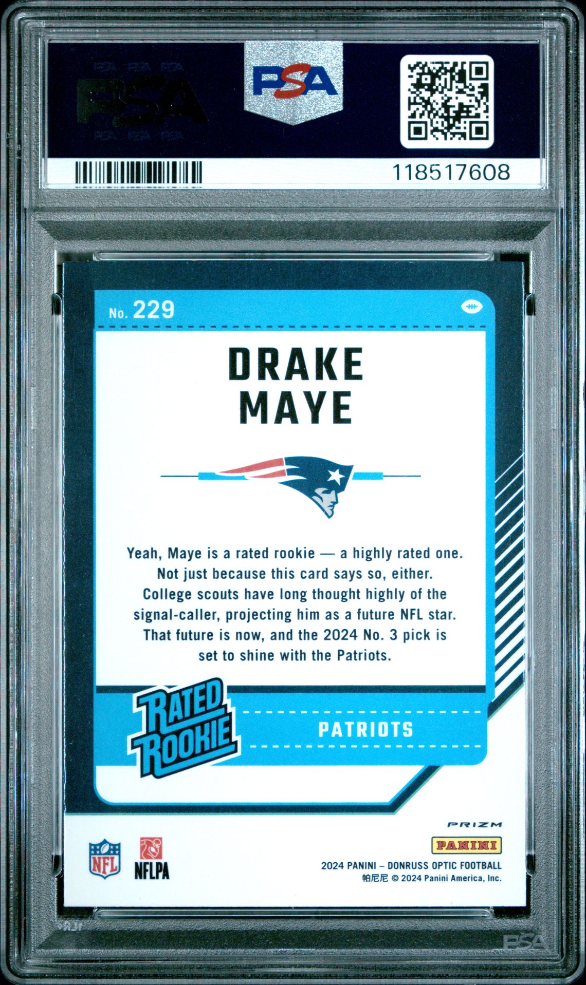 2024 Panini Donruss Optic Drake Maye #229 (Purple Shock) Mint 9 back