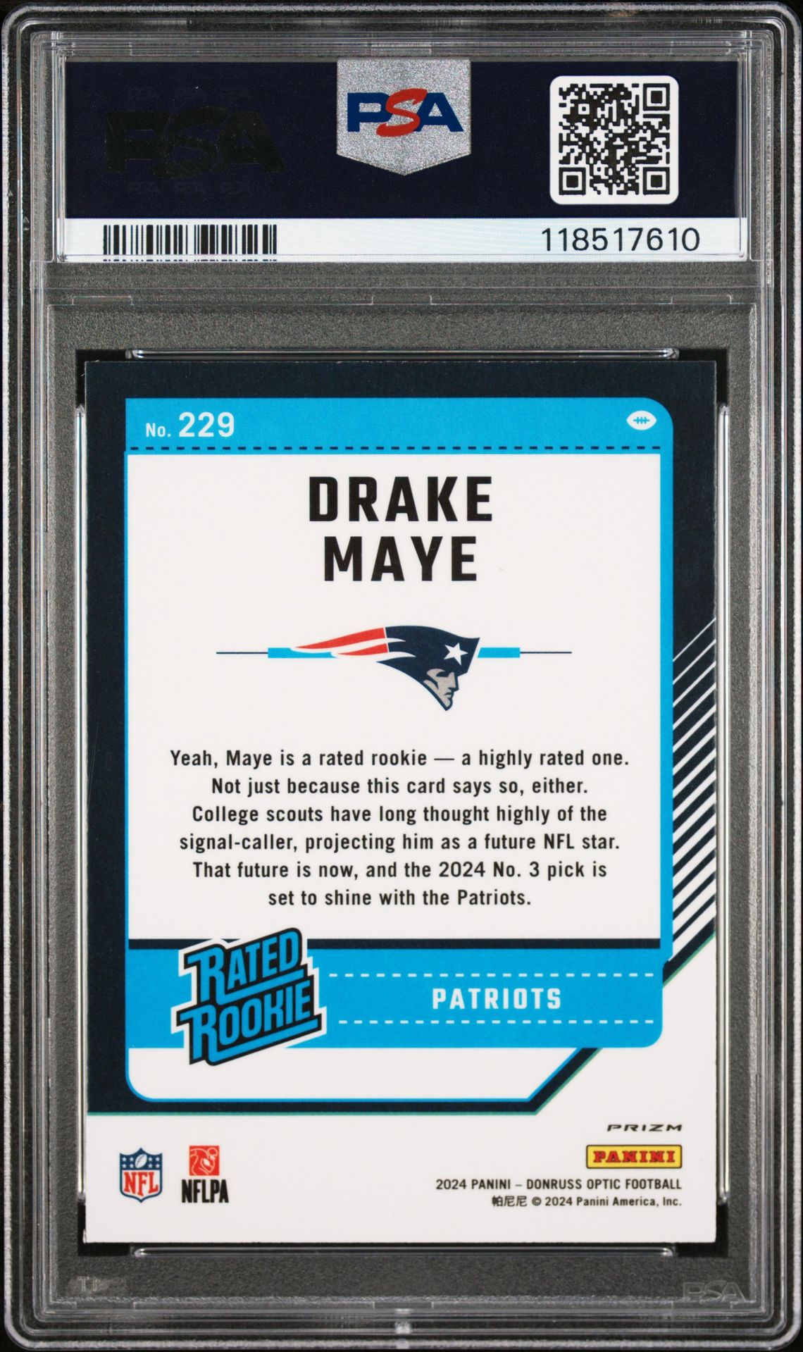 2024 Panini Donruss Optic Drake Maye #229 (Holo) Mint 9 back