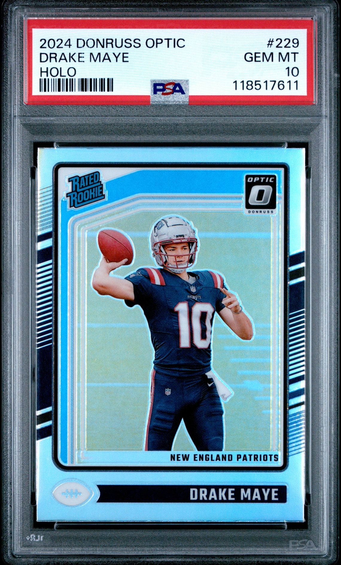 2024 Panini Donruss Optic Drake Maye #229 (Holo) Gem Mt 10 front view - PSA graded GEM MT 10