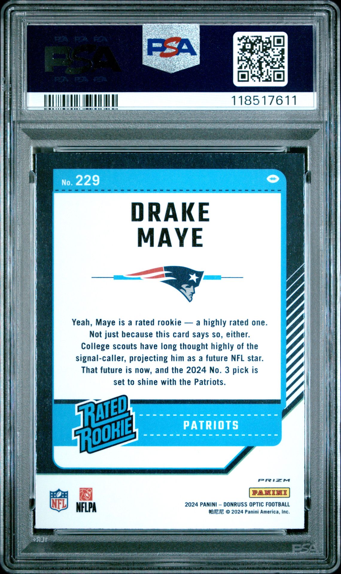 2024 Panini Donruss Optic Drake Maye #229 (Holo) Gem Mt 10 back view - PSA certificate #118517611