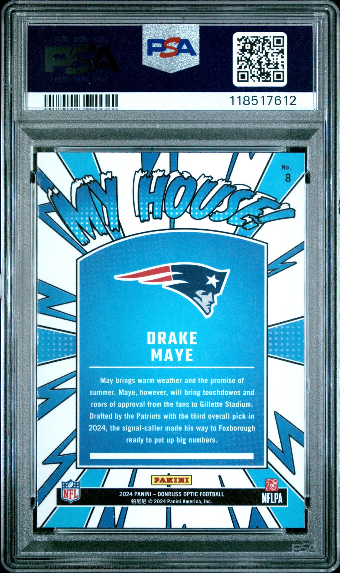 2024 Panini Donruss Optic My House! Drake Maye #8 Gem Mt 10 back view - PSA certificate #118517612