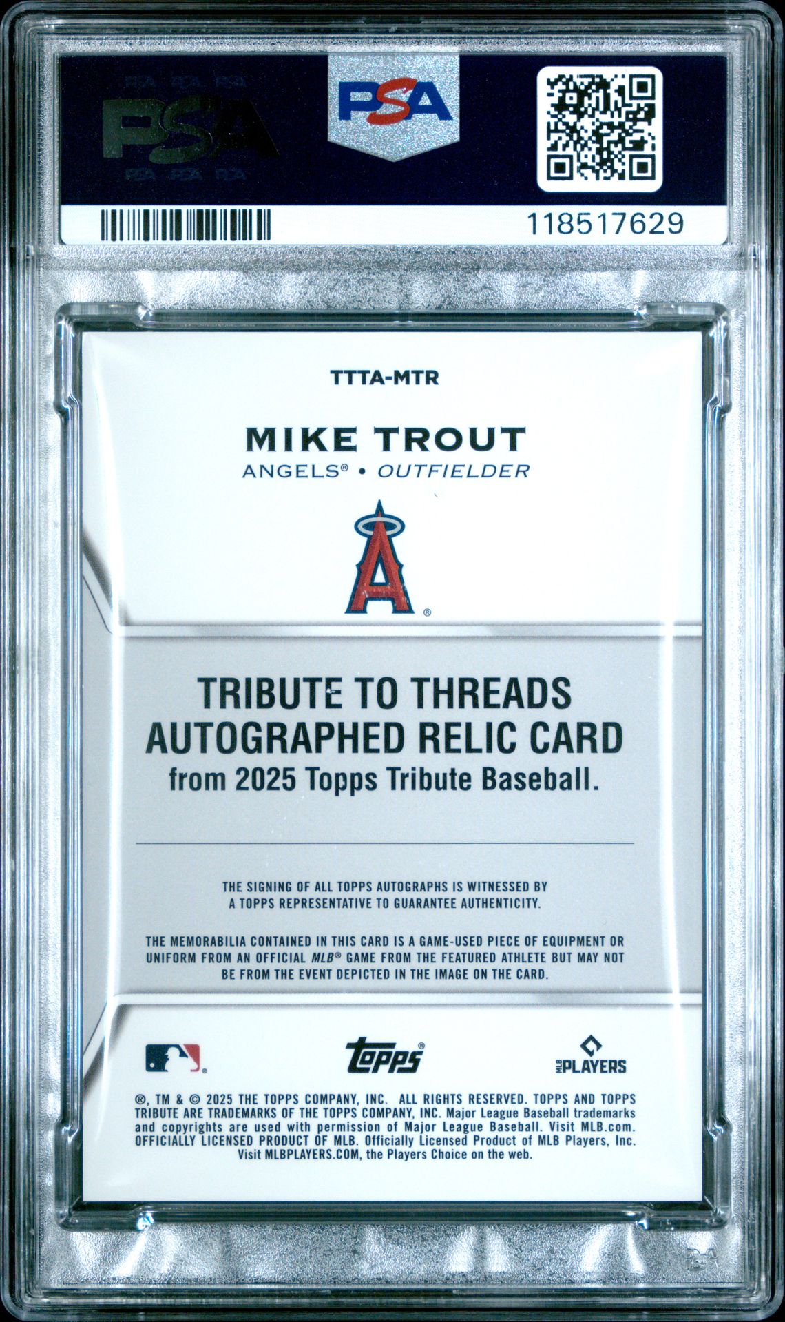 2025 Topps Tribute Tribute To Threads Autograph Relics Mike Trout #Tttamtr (Tribute/Threads Au Rl-Red) Mint 9 back