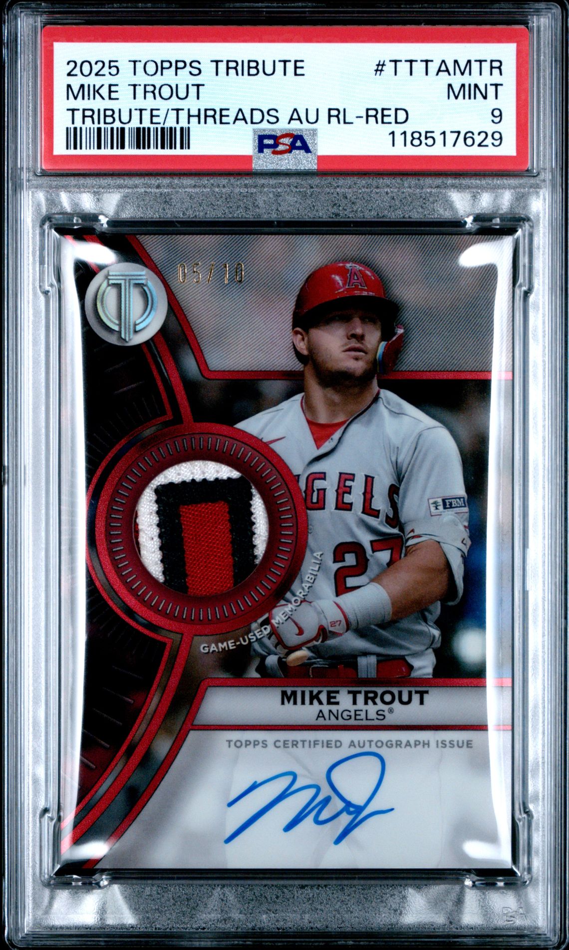 2025 Topps Tribute Tribute To Threads Autograph Relics Mike Trout #Tttamtr (Tribute/Threads Au Rl-Red) Mint 9 front