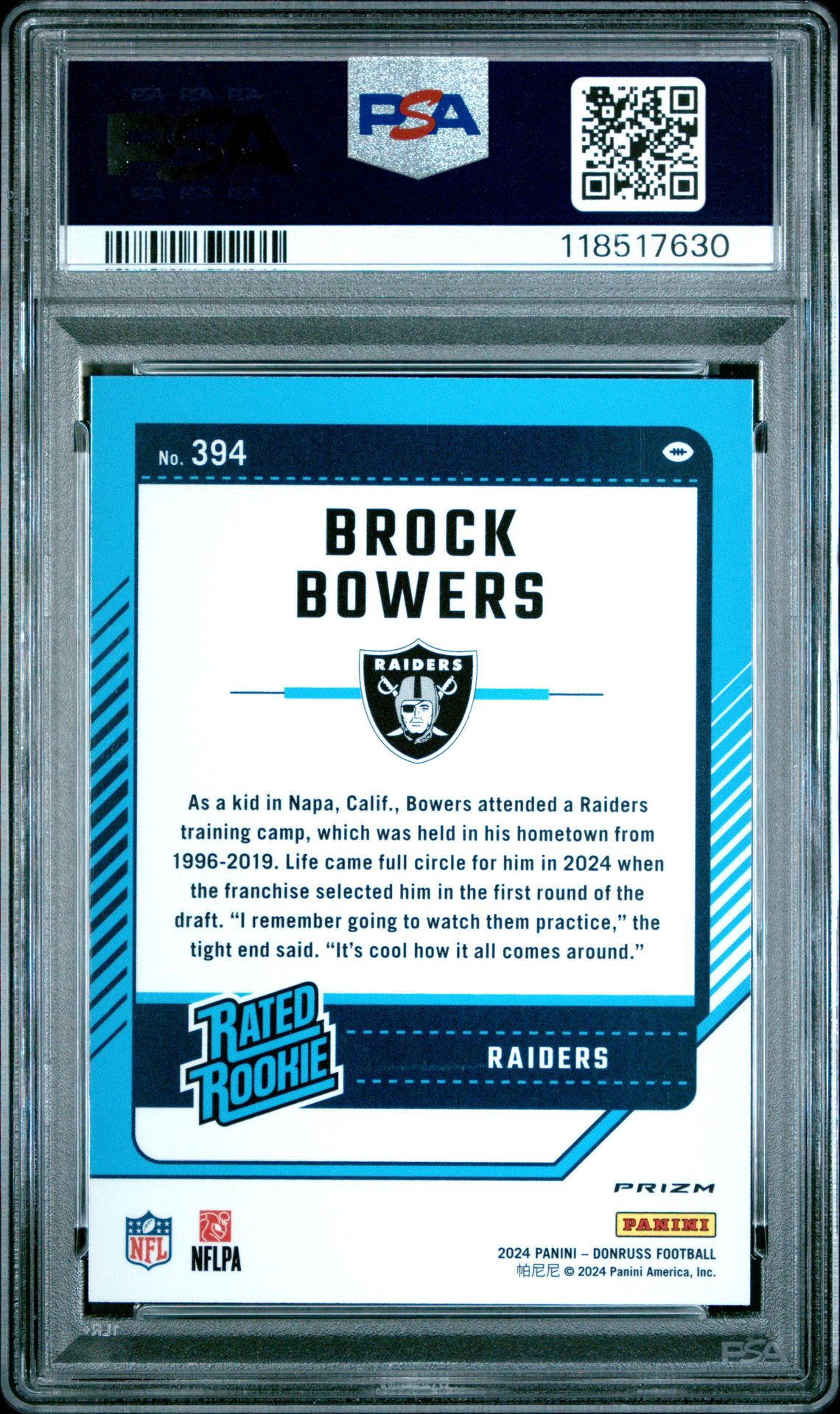 2024 Panini Donruss Brock Bowers #394 (Optic Preview) Mint 9 back