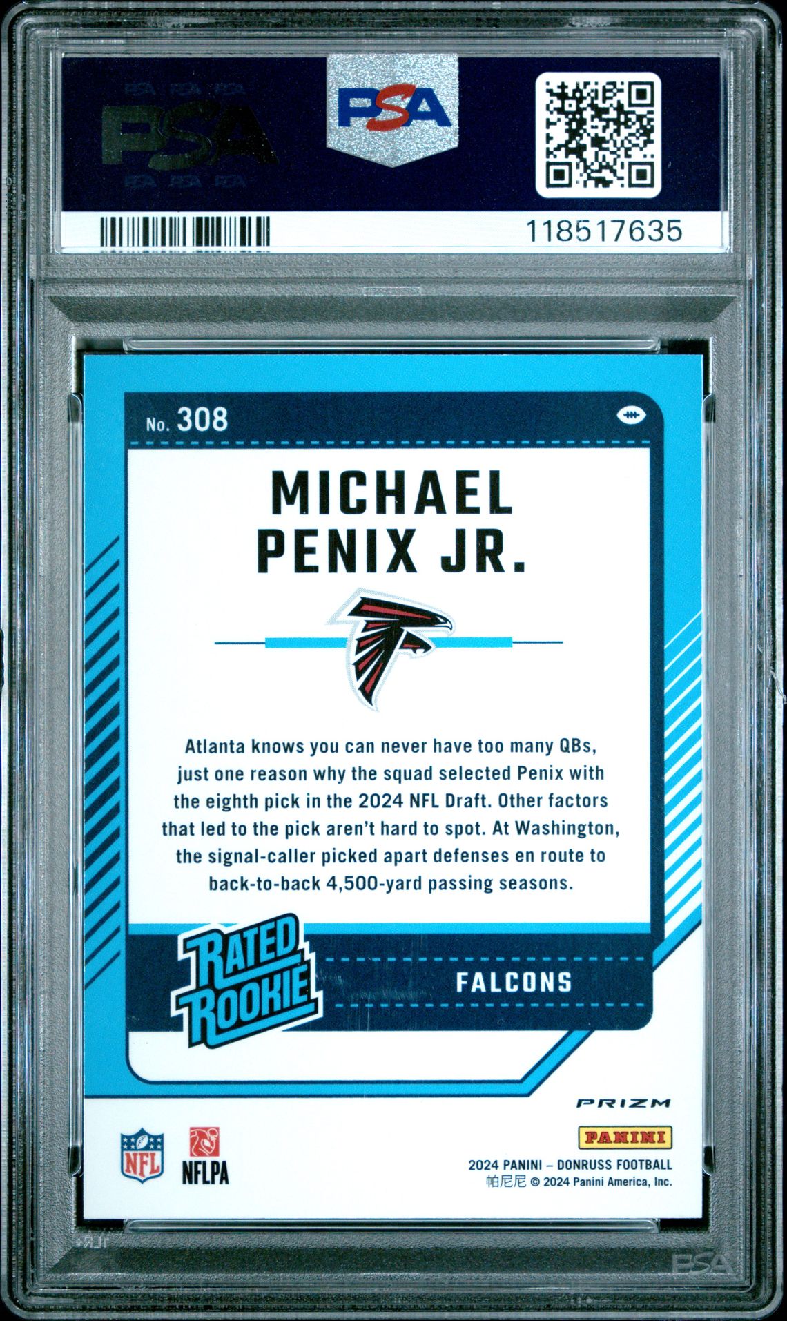 2024 Panini Donruss Michael Penix Jr. #308 (Optic Preview-Blue Scope) Gem Mt 10 back